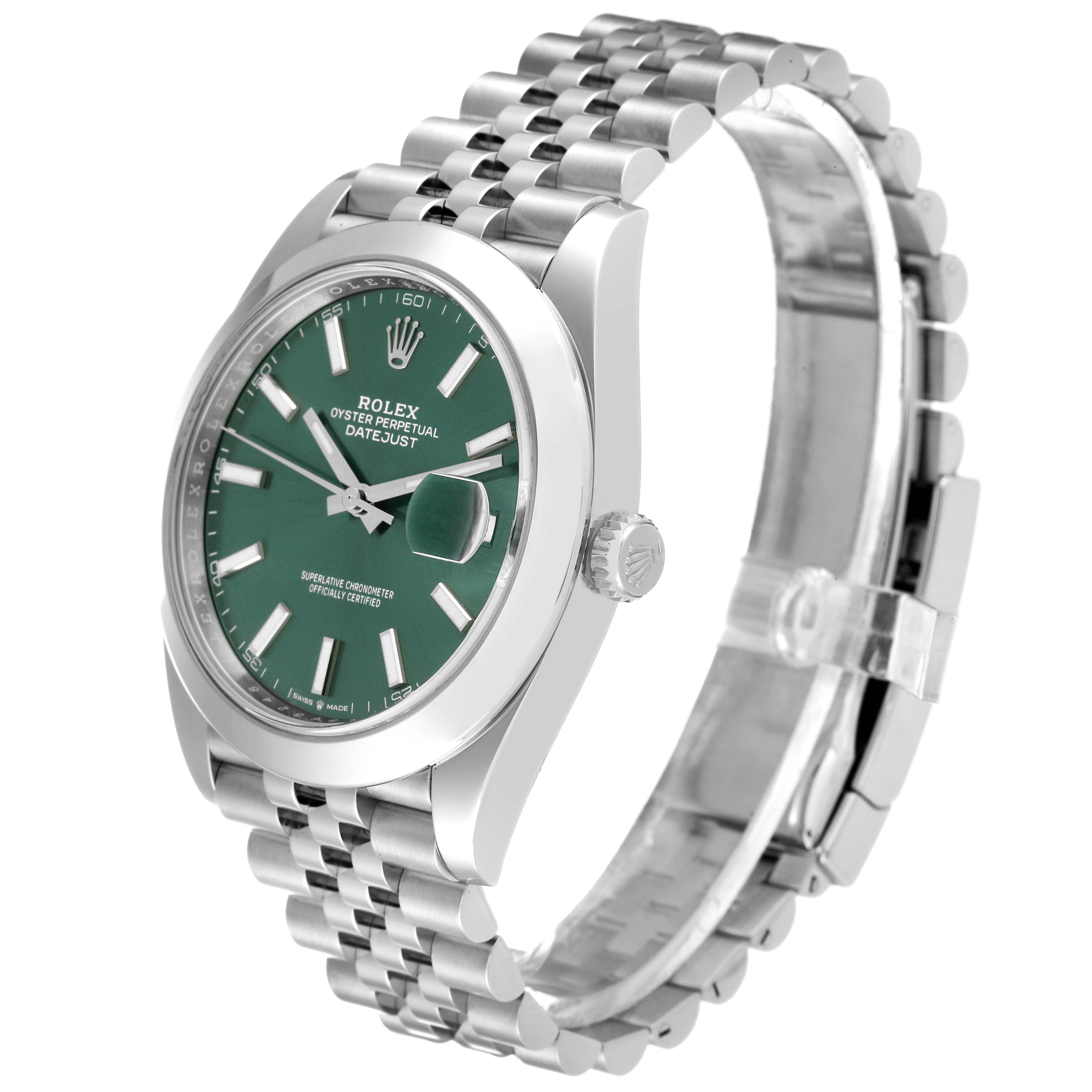 The image shows a side-angle view of a Rolex Datejust 41 126300 Men
s Stainless Steel Green Dial 126300 Men
s Stainless Steel Green Dial watch, displaying its green dial, crown, case, and metal jubilee bracelet.