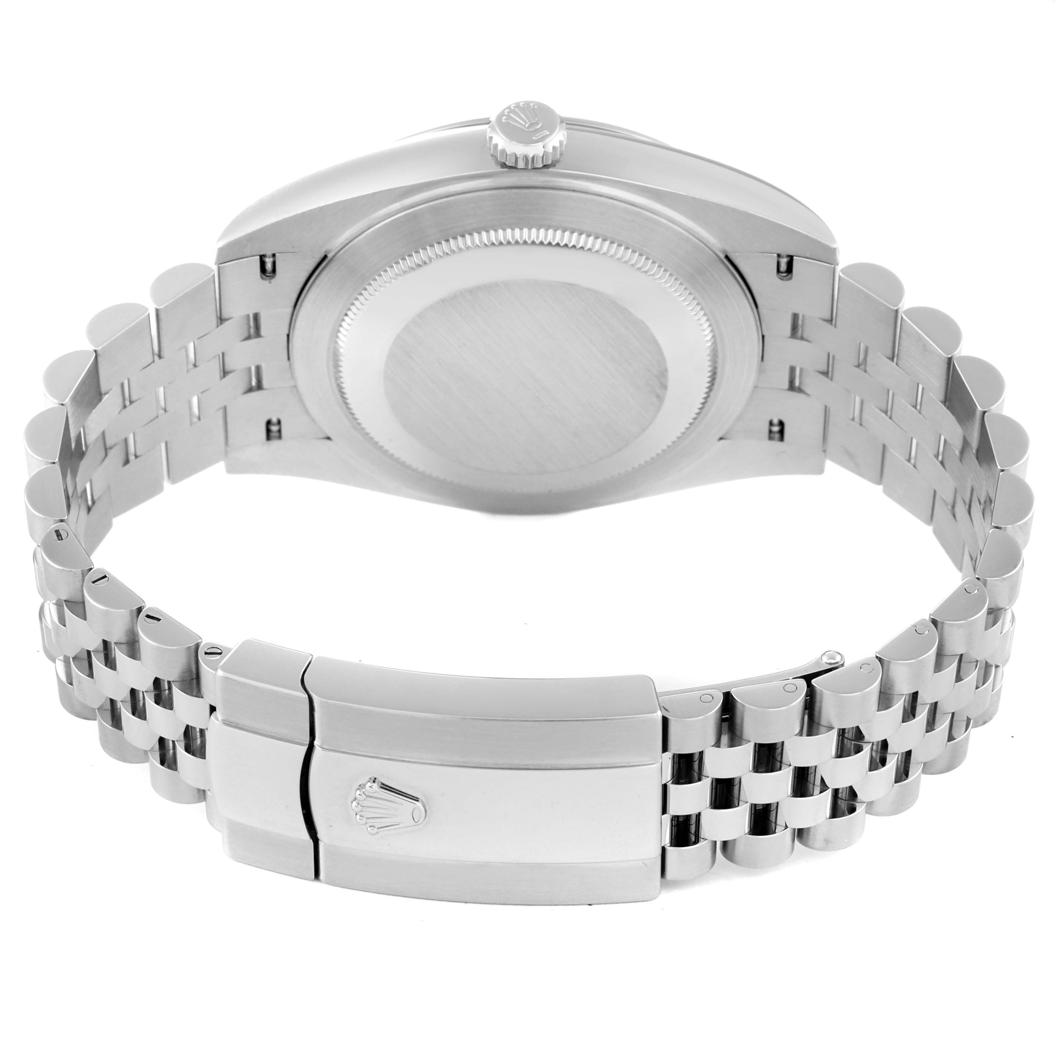 The image shows the back view of a Rolex Datejust 41 126300 Men
s Stainless Steel Green Dial 126300 Men
s Stainless Steel Green Dial watch, highlighting the case back, crown, and bracelet with the clasp.