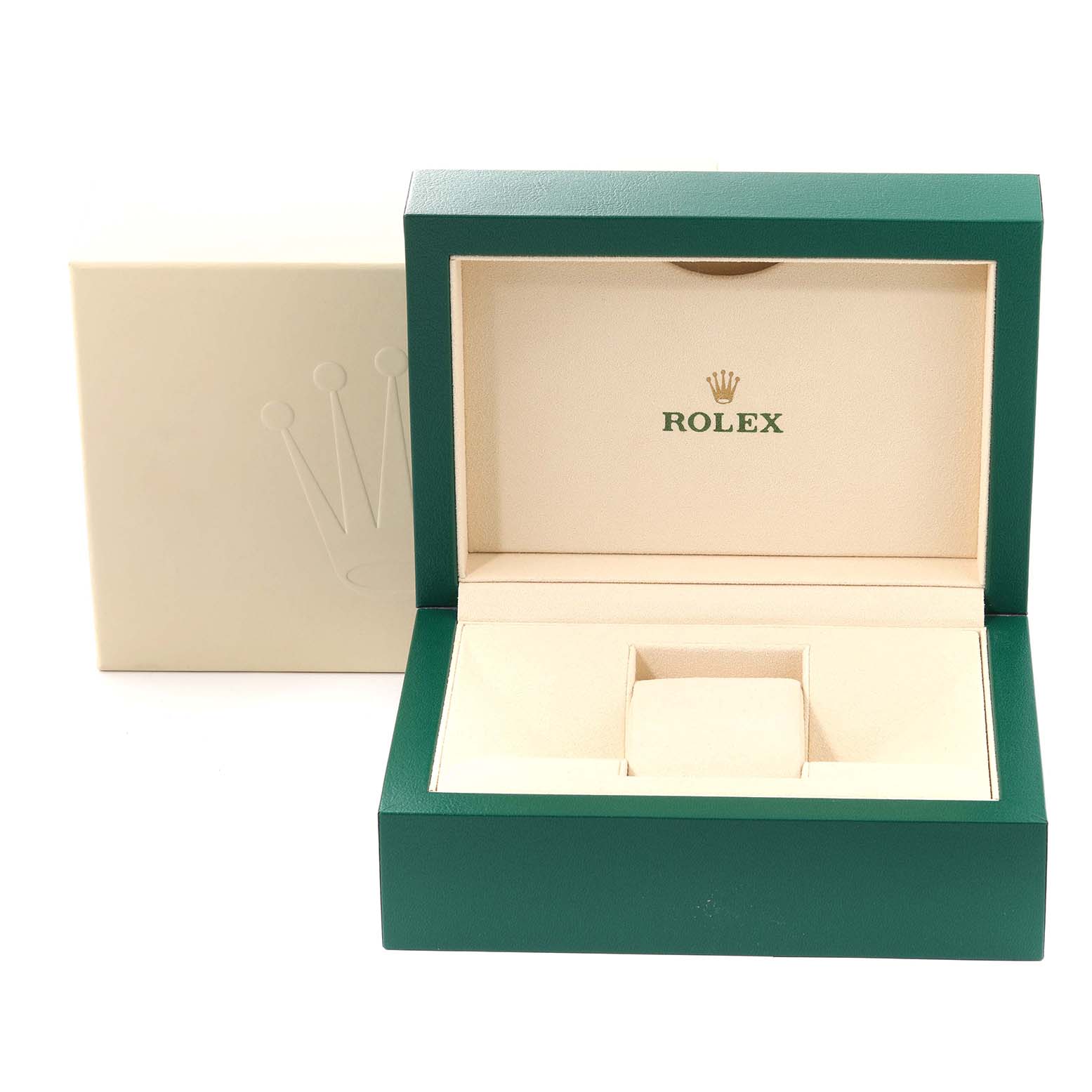 This image shows an open green Rolex Datejust 41 126334 Men
s Stainless Steel Green Dial 126334 Men
s Stainless Steel Green Dial watch box with a beige interior, including a protective cushion.