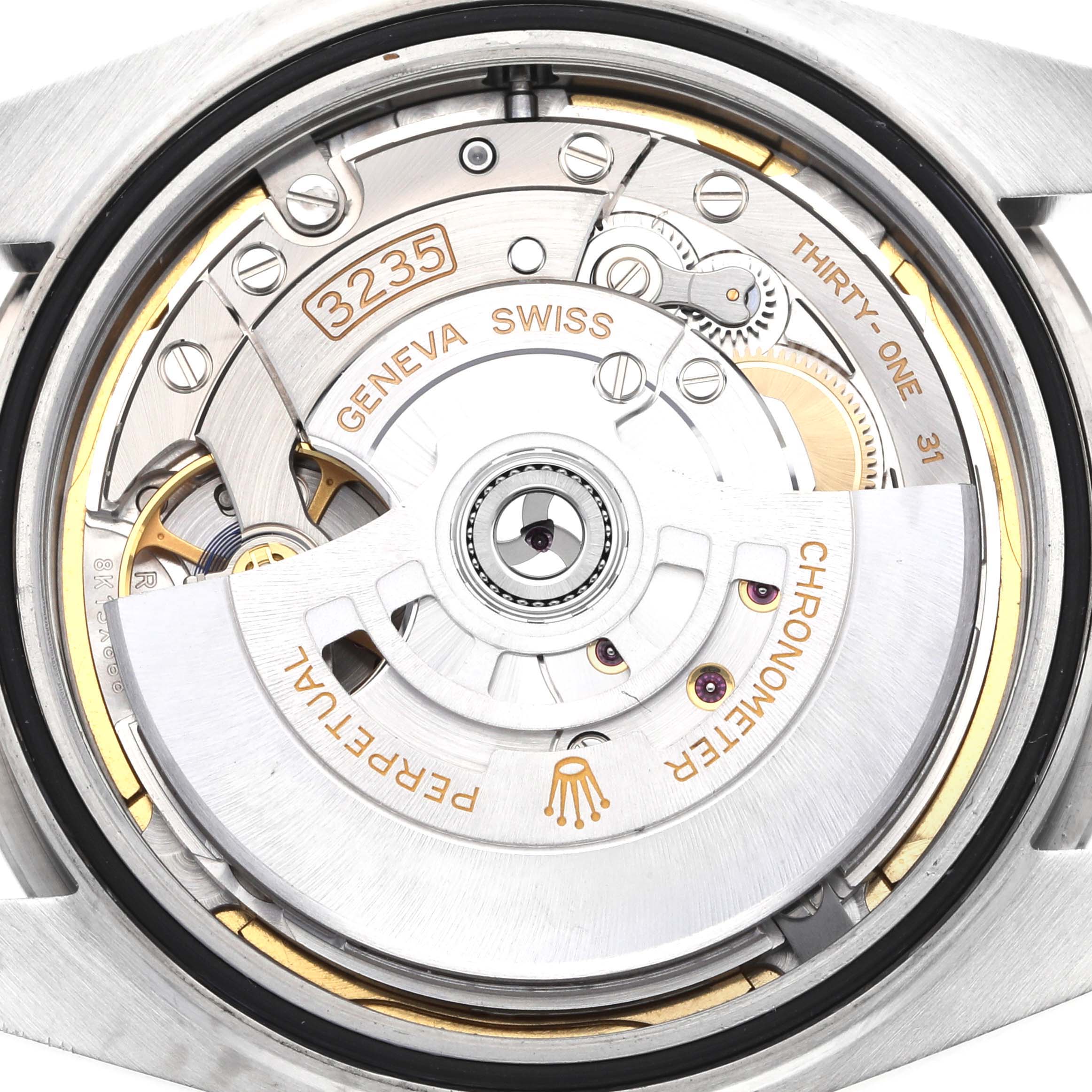 The image shows the movement mechanism of the Rolex Datejust 41 126334 Men
s Stainless Steel Green Dial 126334 Men
s Stainless Steel Green Dial watch at an overhead angle.