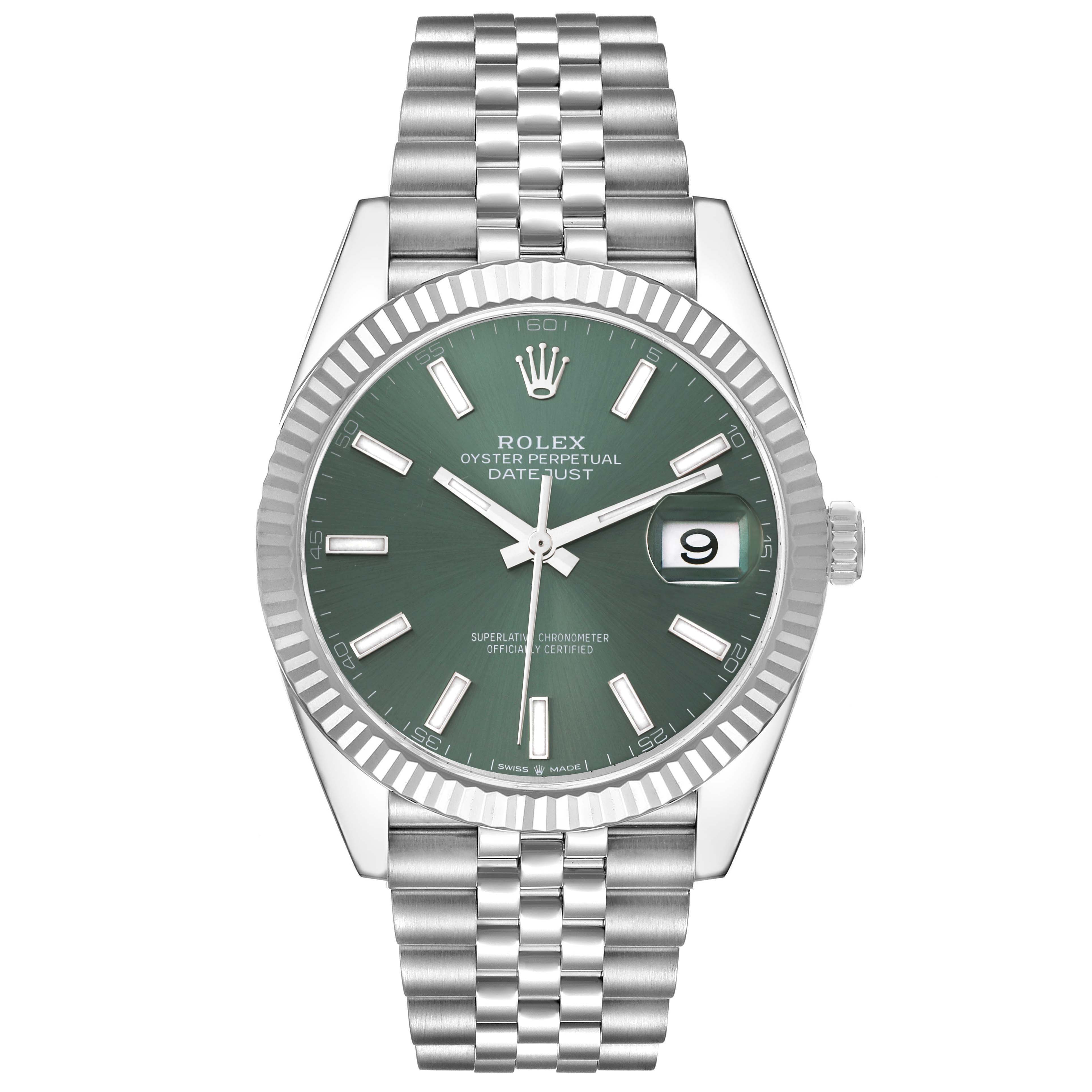 The image shows a frontal view of the Rolex Datejust 41 126334 Men
s Stainless Steel Green Dial 126334 Men
s Stainless Steel Green Dial watch, featuring a green dial, date display, and a Jubilee bracelet.