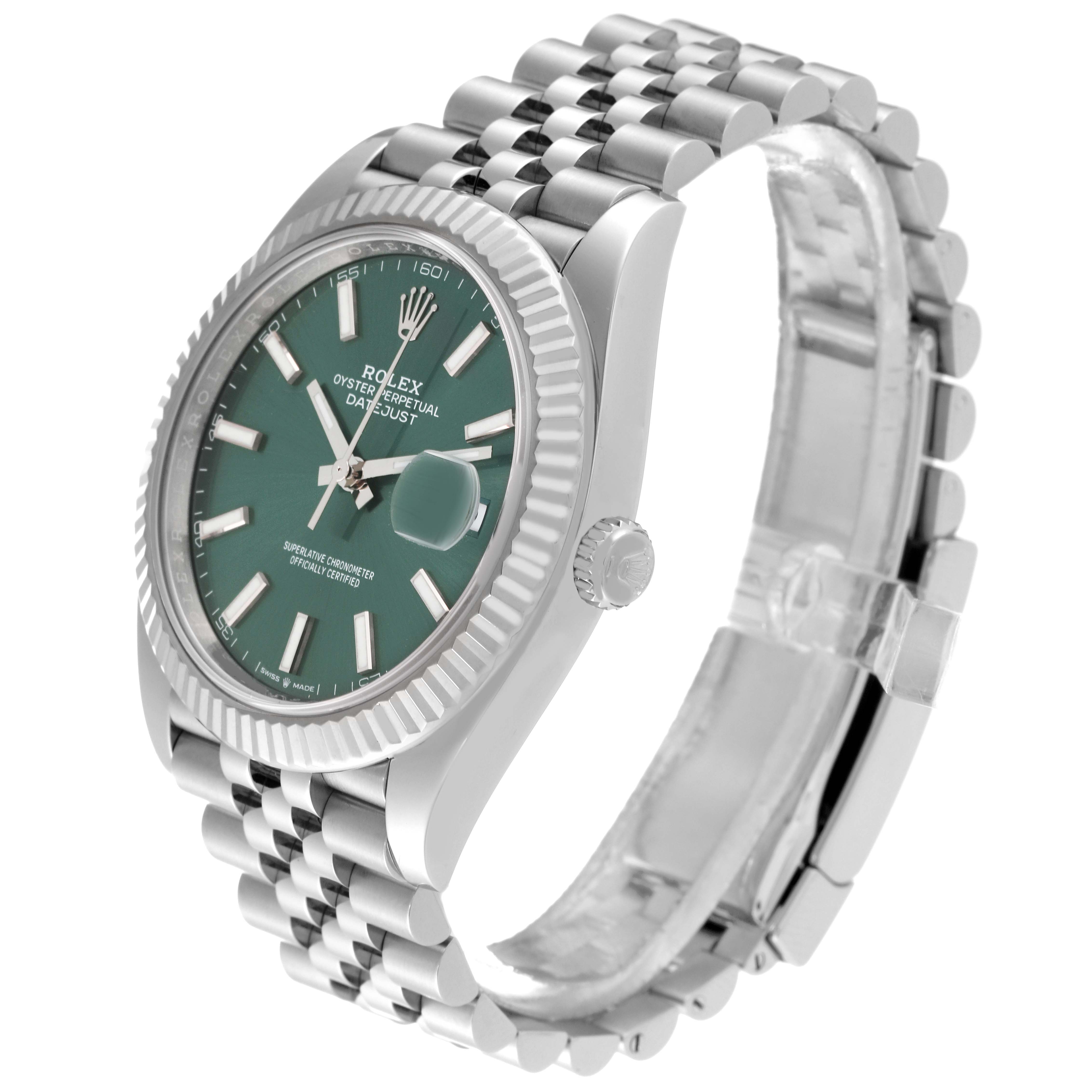 The Rolex Datejust 41 126334 Men
s Stainless Steel Green Dial 126334 Men
s Stainless Steel Green Dial is viewed from an angled perspective, showing the watch face, bezel, crown, and partial bracelet.