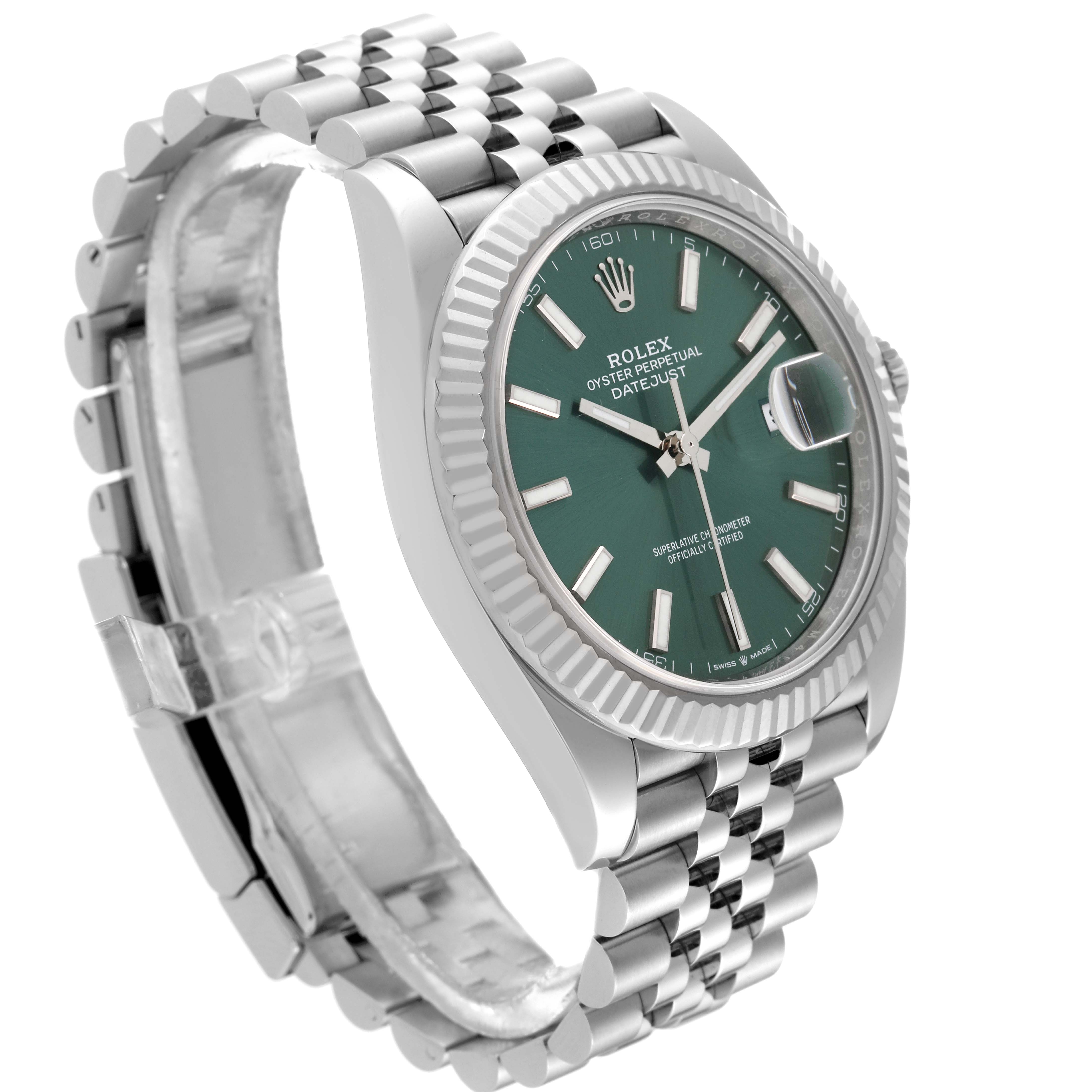 The Rolex Datejust 41 126334 Men
s Stainless Steel Green Dial 126334 Men
s Stainless Steel Green Dial watch is shown at a three-quarter angle, highlighting its bracelet, fluted bezel, and green dial.