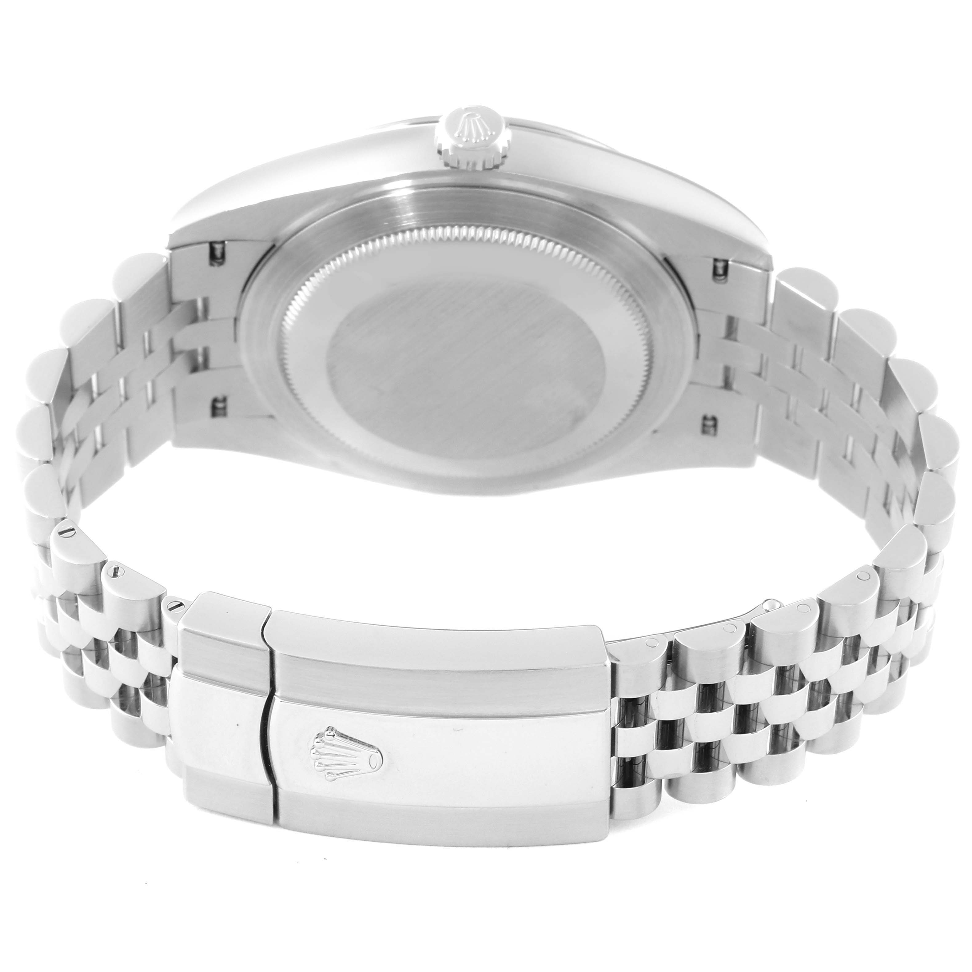 The image shows the back view of a Rolex Datejust 41 126334 Men
s Stainless Steel Green Dial 126334 Men
s Stainless Steel Green Dial watch, including the case back and bracelet clasp.