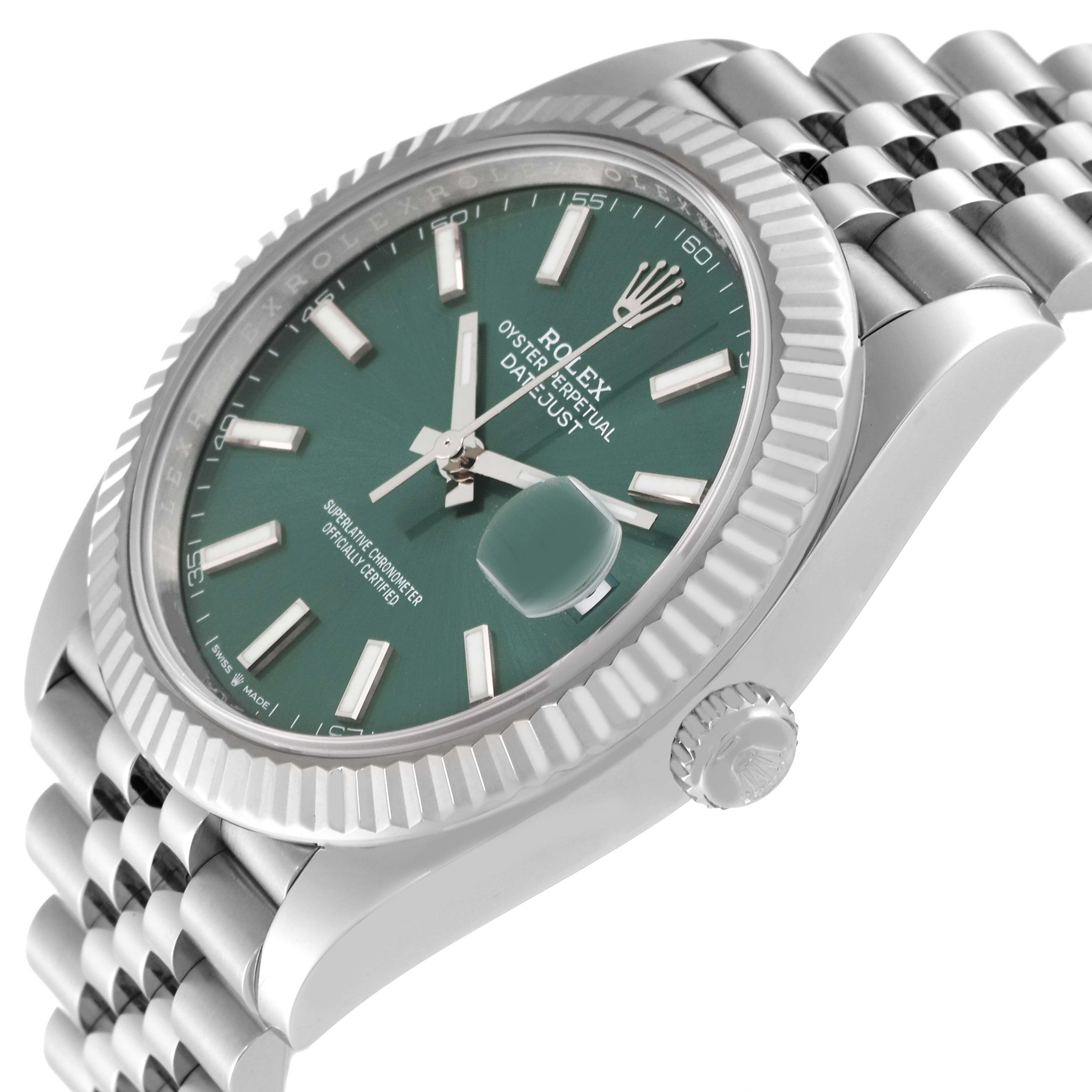 The Rolex Datejust 41 126334 Men
s Stainless Steel Green Dial 126334 Men
s Stainless Steel Green Dial watch is shown at a slight angle, highlighting its green dial, fluted bezel, and partial bracelet.