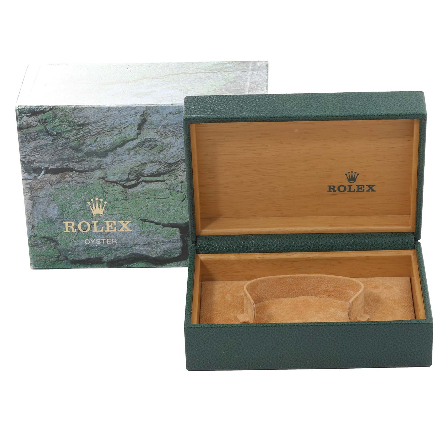 This image shows the Rolex Datejust 16233 Men's Steel and Gold (two tone) Black Dial 16233 Men's Steel and Gold (two tone) Black Dial watch's box and inner packaging from a front angle.