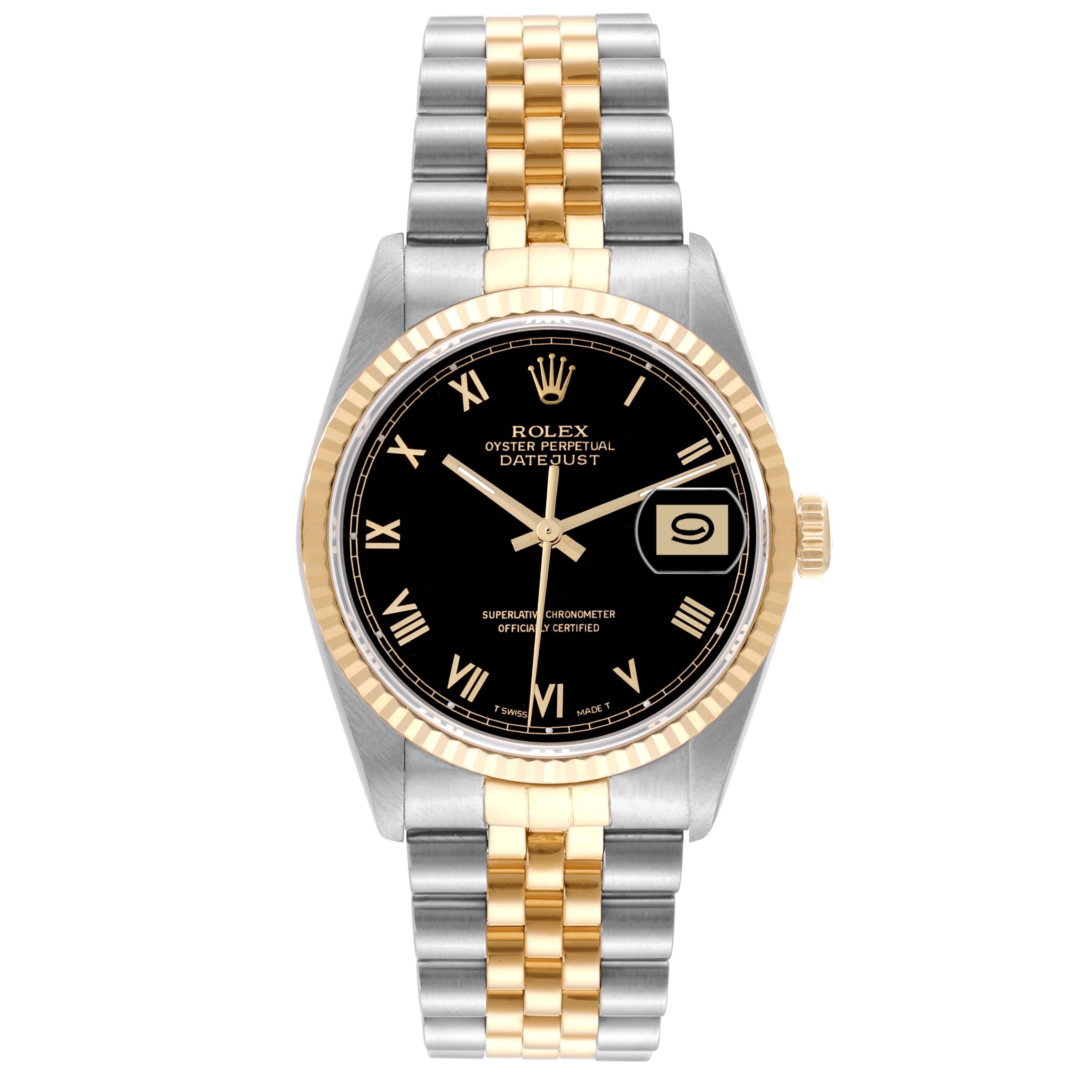 The image displays a front view of a Rolex Datejust 16233 Men's Steel and Gold (two tone) Black Dial 16233 Men's Steel and Gold (two tone) Black Dial watch, highlighting its dial, bezel, and two-tone bracelet.