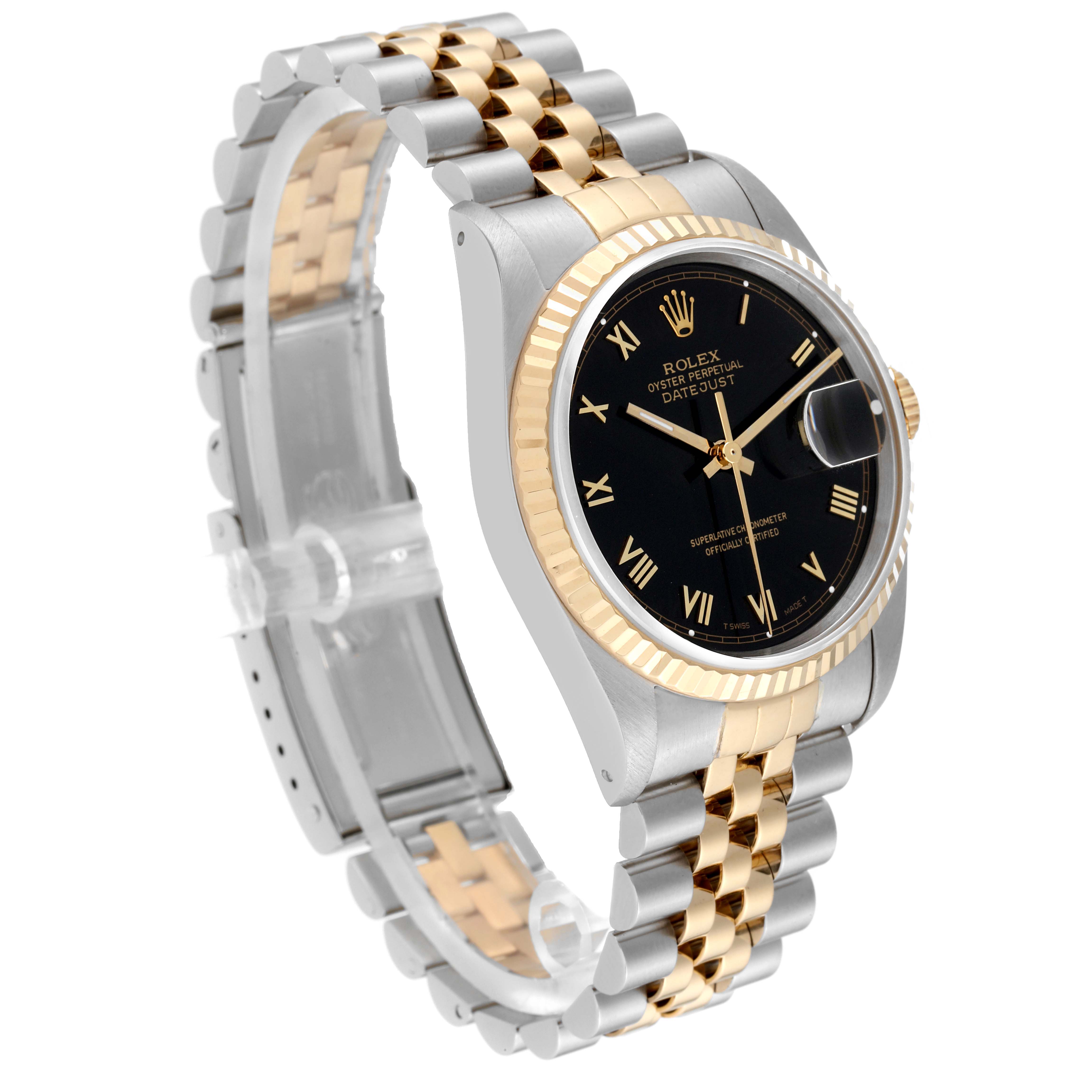 This image displays a Rolex Datejust 16233 Men's Steel and Gold (two tone) Black Dial 16233 Men's Steel and Gold (two tone) Black Dial watch from a three-quarter angle, showing the dial, bezel, and bracelet.
