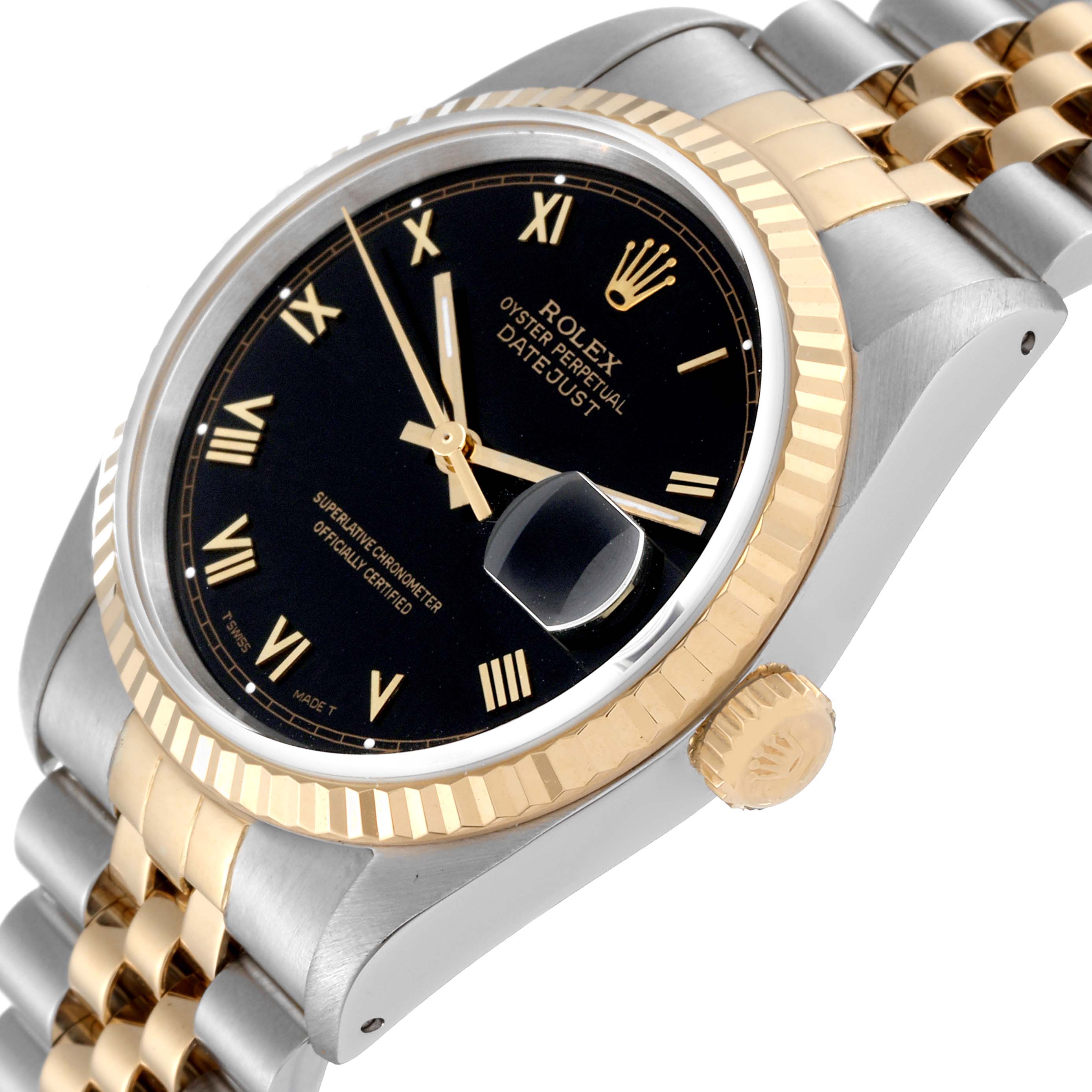 The image shows a close-up angle of a Rolex Datejust 16233 Men's Steel and Gold (two tone) Black Dial 16233 Men's Steel and Gold (two tone) Black Dial watch, highlighting the black dial, gold fluted bezel, and two-tone bracelet.