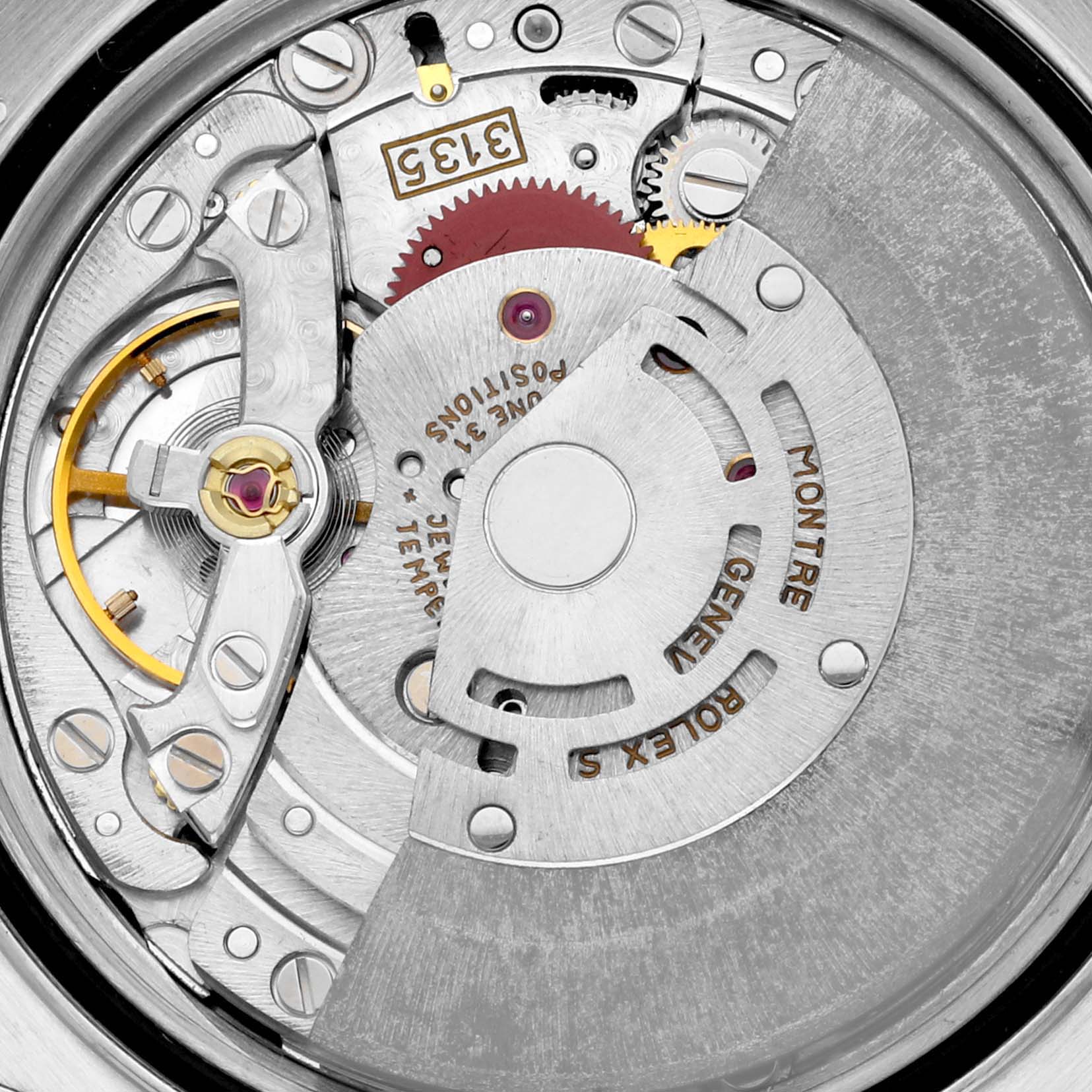 The image shows an internal view of the Rolex Datejust 16233 Men's Steel and Gold (two tone) Black Dial 16233 Men's Steel and Gold (two tone) Black Dial watch movement and mechanics.