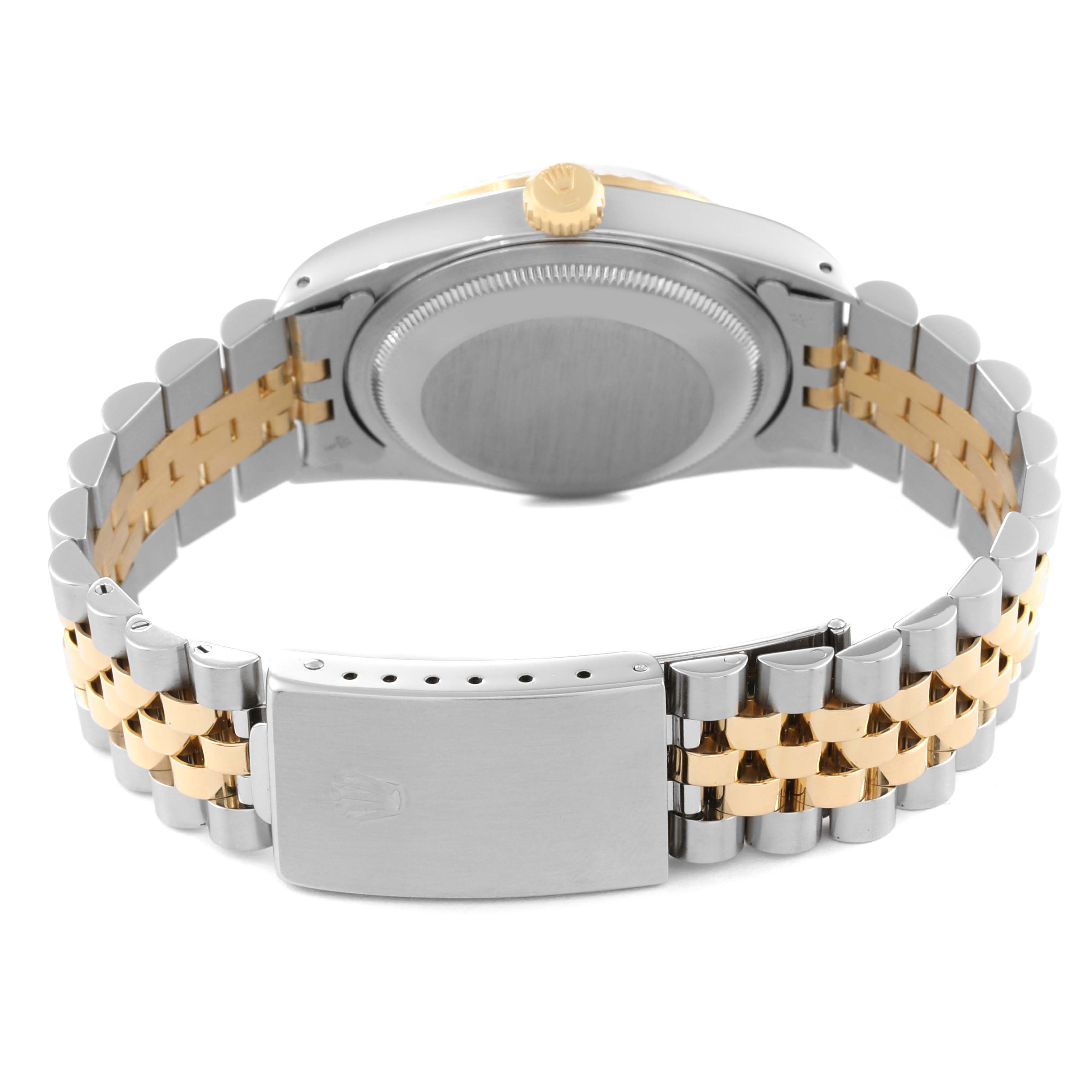 The image shows the back view of a Rolex Datejust 16233 Men's Steel and Gold (two tone) Black Dial 16233 Men's Steel and Gold (two tone) Black Dial watch, focusing on the clasp and bracelet.