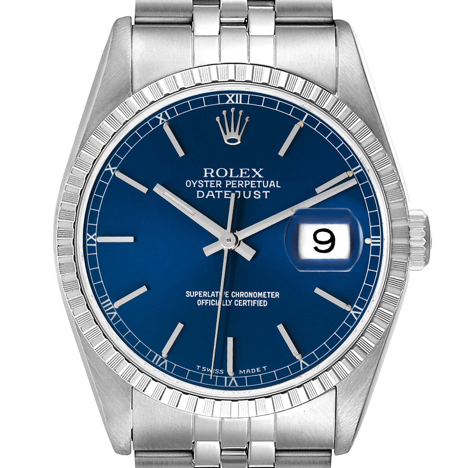 The image shows a Rolex Datejust 16220 Men's Stainless Steel Blue Dial 16220 Men's Stainless Steel Blue Dial watch from the front, displaying the dial, case, bezel, and part of the bracelet.
