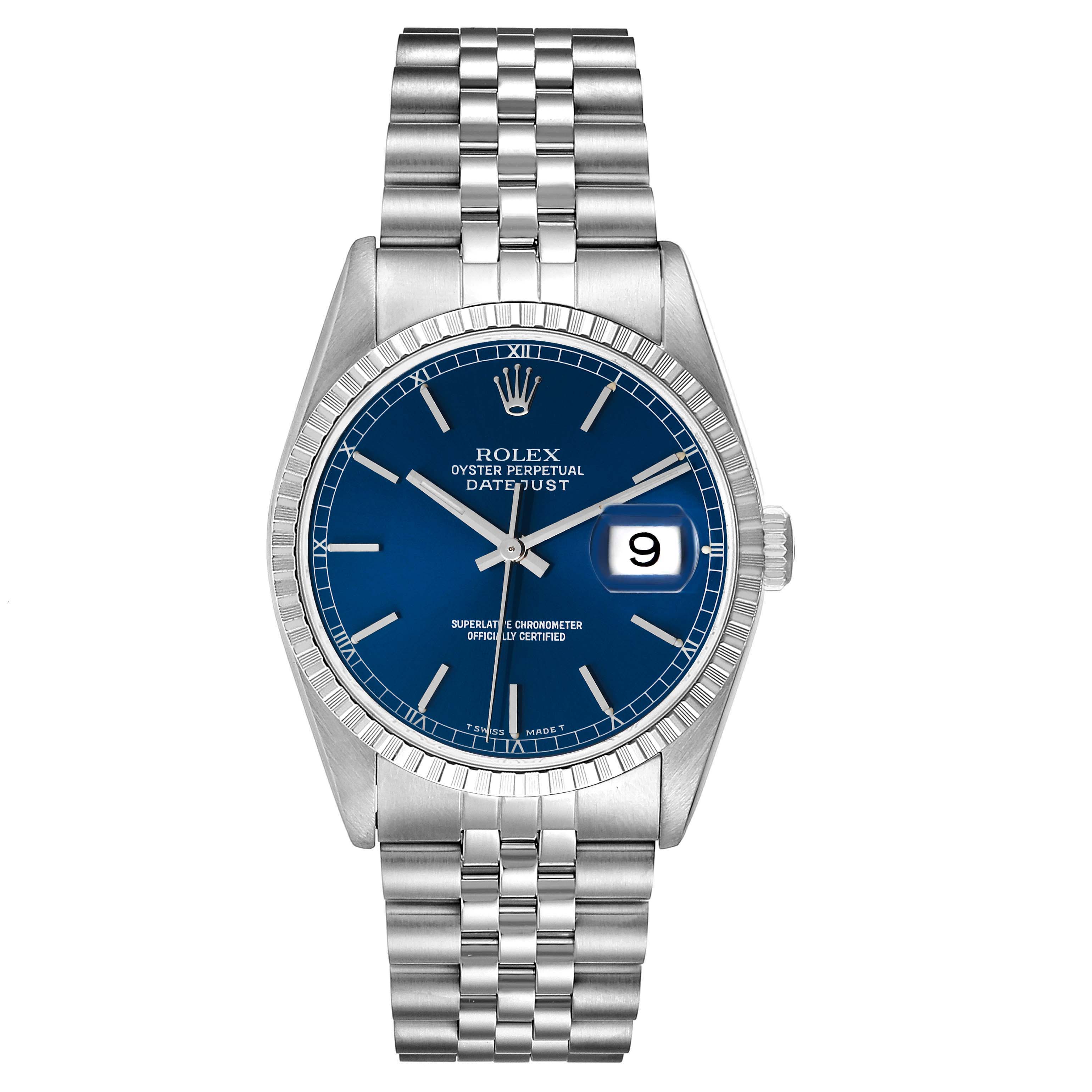 The image shows a frontal view of a Rolex Datejust 16220 Men's Stainless Steel Blue Dial 16220 Men's Stainless Steel Blue Dial watch, displaying its blue dial, date window, and Jubilee bracelet.