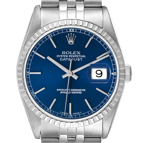 This Rolex Datejust watch is shown from a front angle, featuring a blue dial, fluted bezel, and stainless steel bracelet.