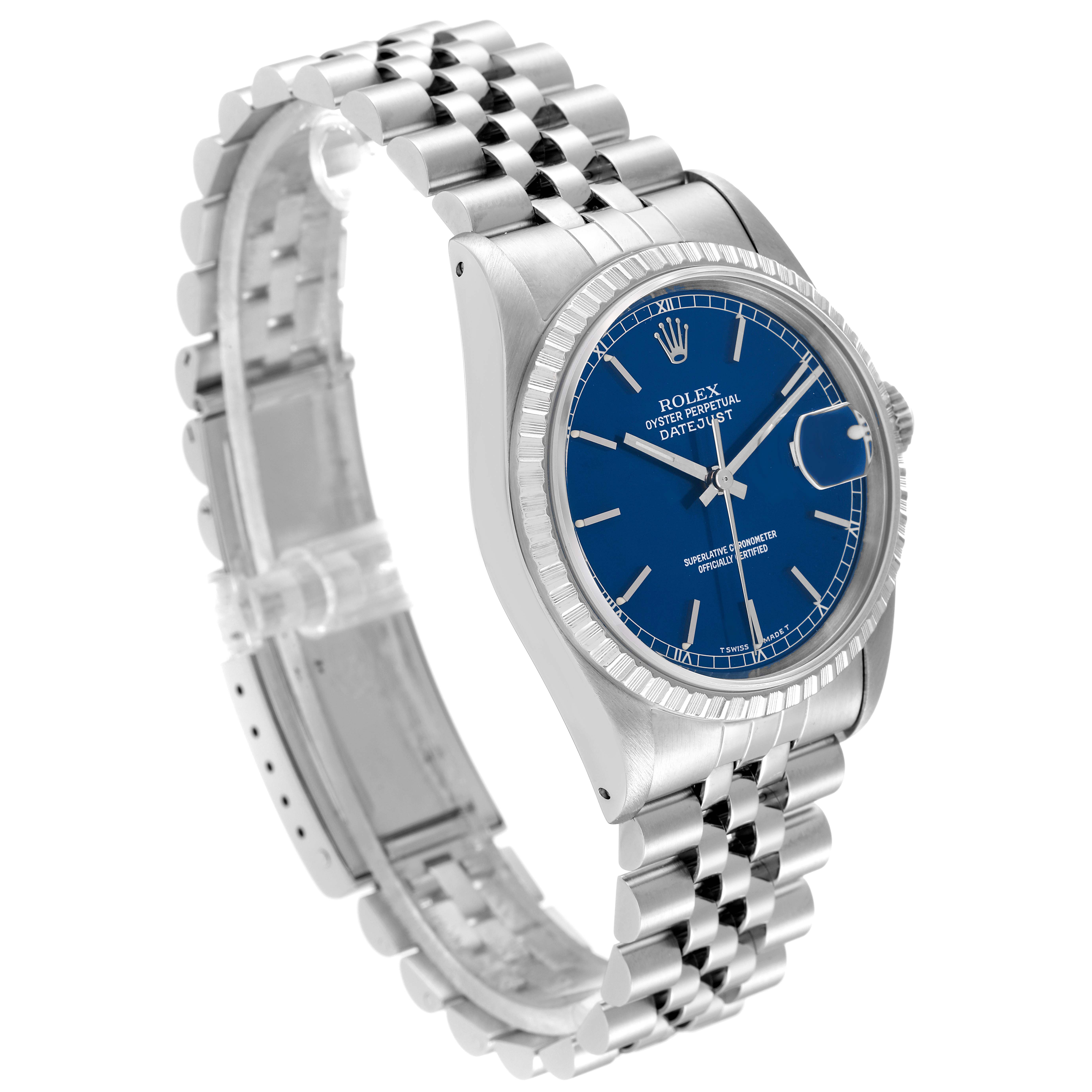 The Rolex Datejust 16220 Men's Stainless Steel Blue Dial 16220 Men's Stainless Steel Blue Dial watch is shown at an angle displaying its blue dial, fluted bezel, and jubilee bracelet.