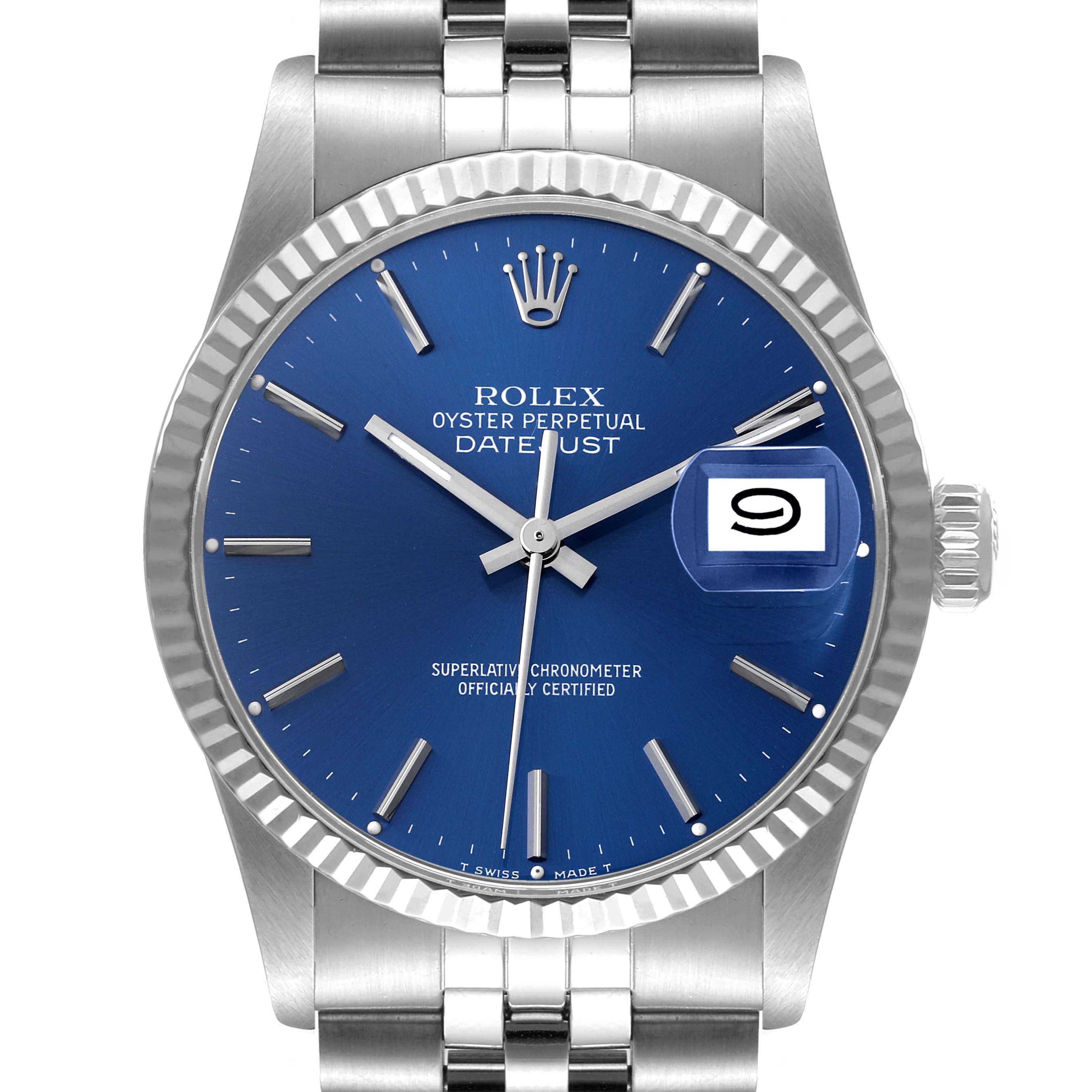 The image shows a front view of the Rolex Vintage Collection 16030 Men's Stainless Steel Blue Dial 16030 Men's Stainless Steel Blue Dial Datejust, highlighting its blue dial, fluted bezel, and jubilee bracelet.