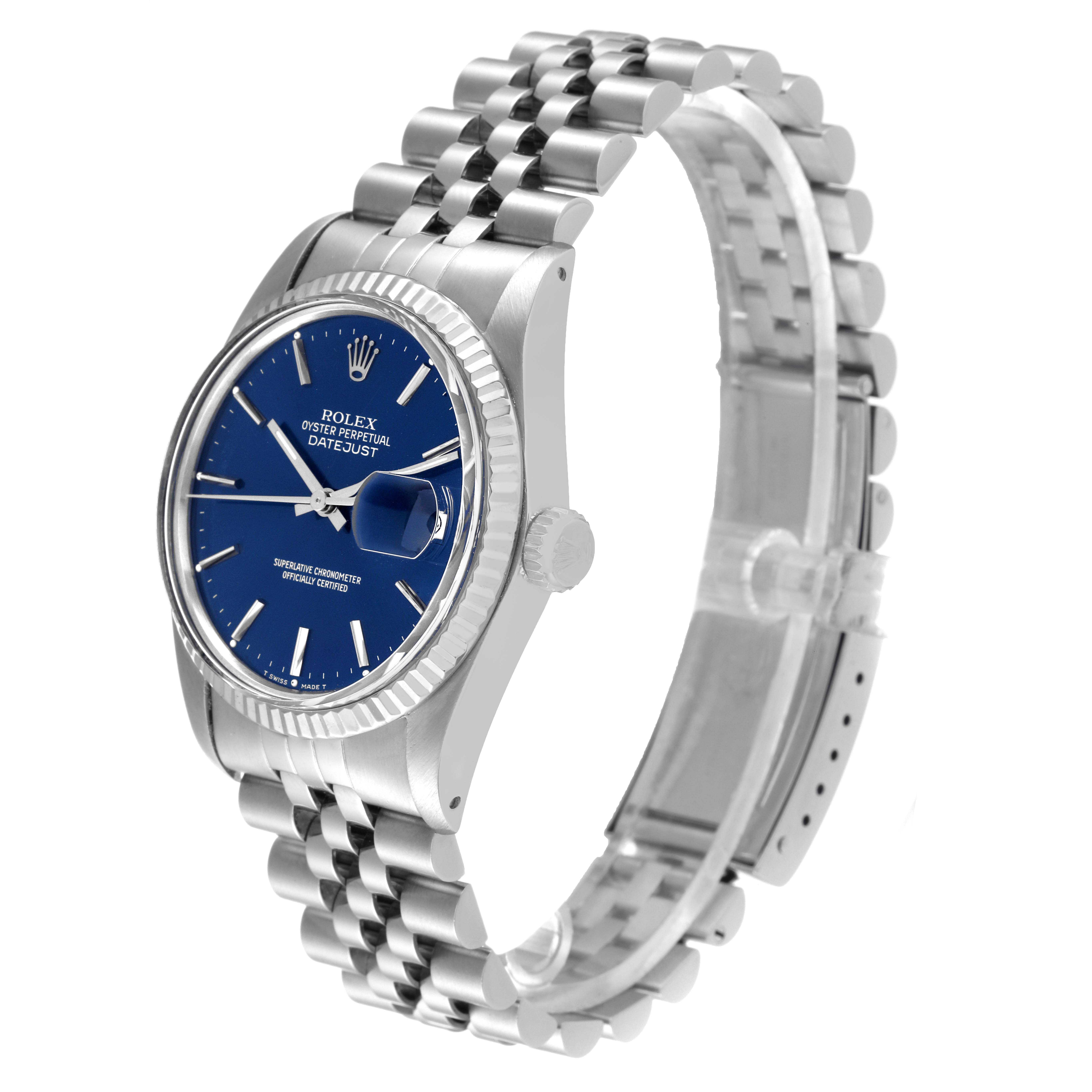 The Vintage Collection Rolex watch is shown at an angle highlighting its blue dial, stainless steel case, and band.