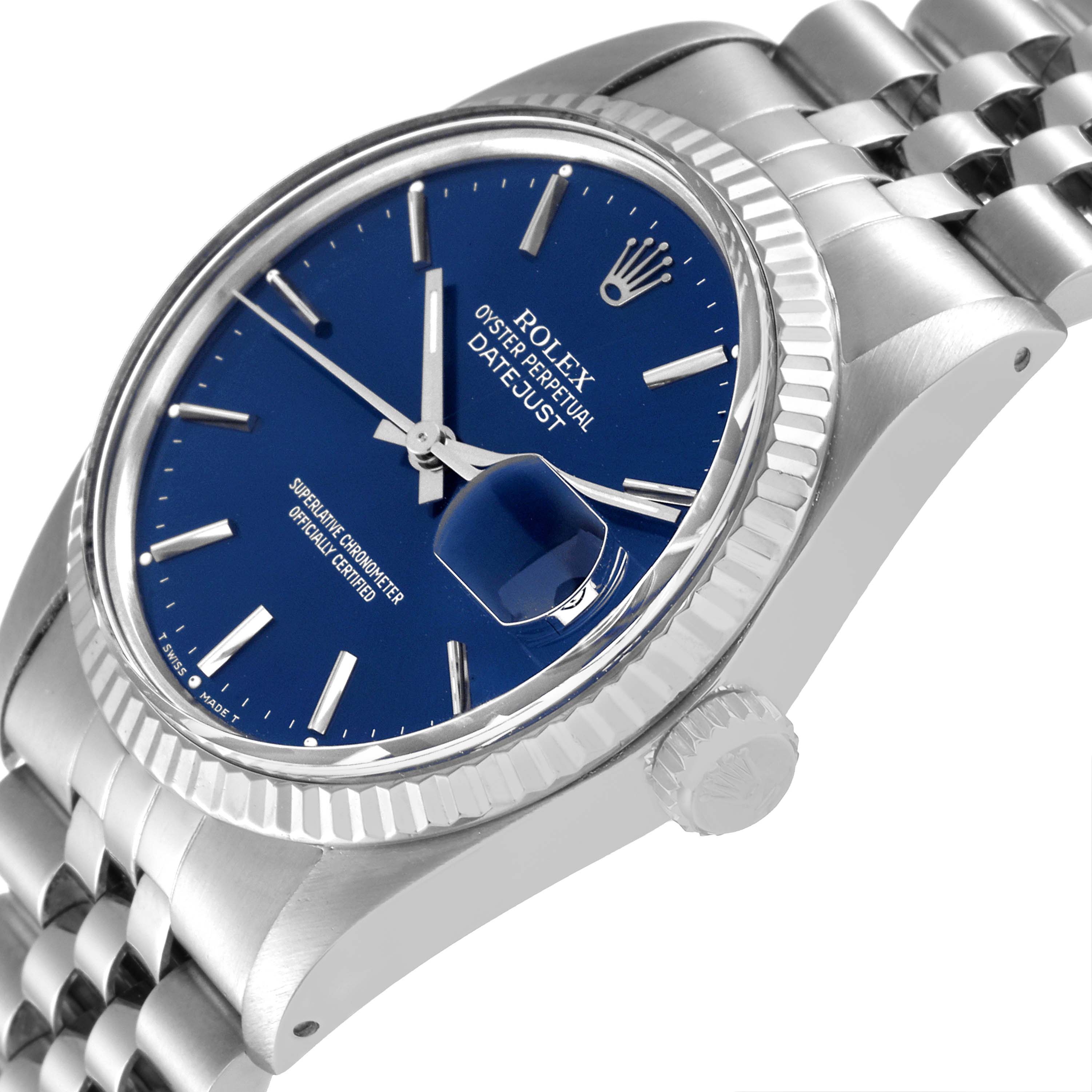 The Rolex Vintage Collection 16030 Men's Stainless Steel Blue Dial 16030 Men's Stainless Steel Blue Dial model is shown from a side angle, revealing the watch face, bezel, crown, and part of the bracelet.