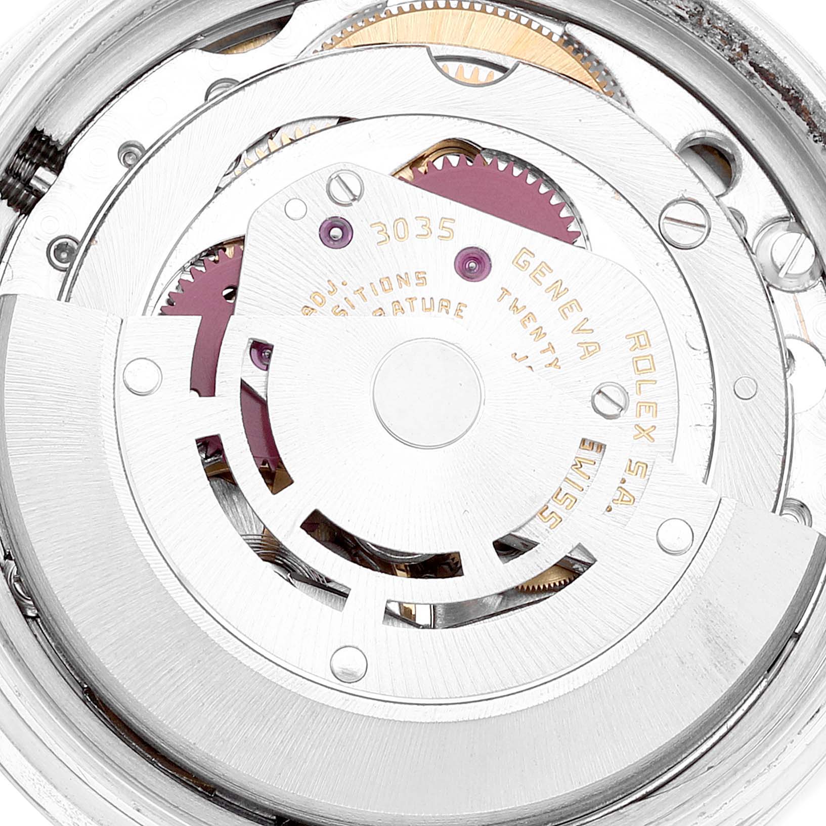 The image shows the intricate internal mechanism and movement of a Rolex Vintage Collection 16030 Men's Stainless Steel Blue Dial 16030 Men's Stainless Steel Blue Dial watch, model 2035.