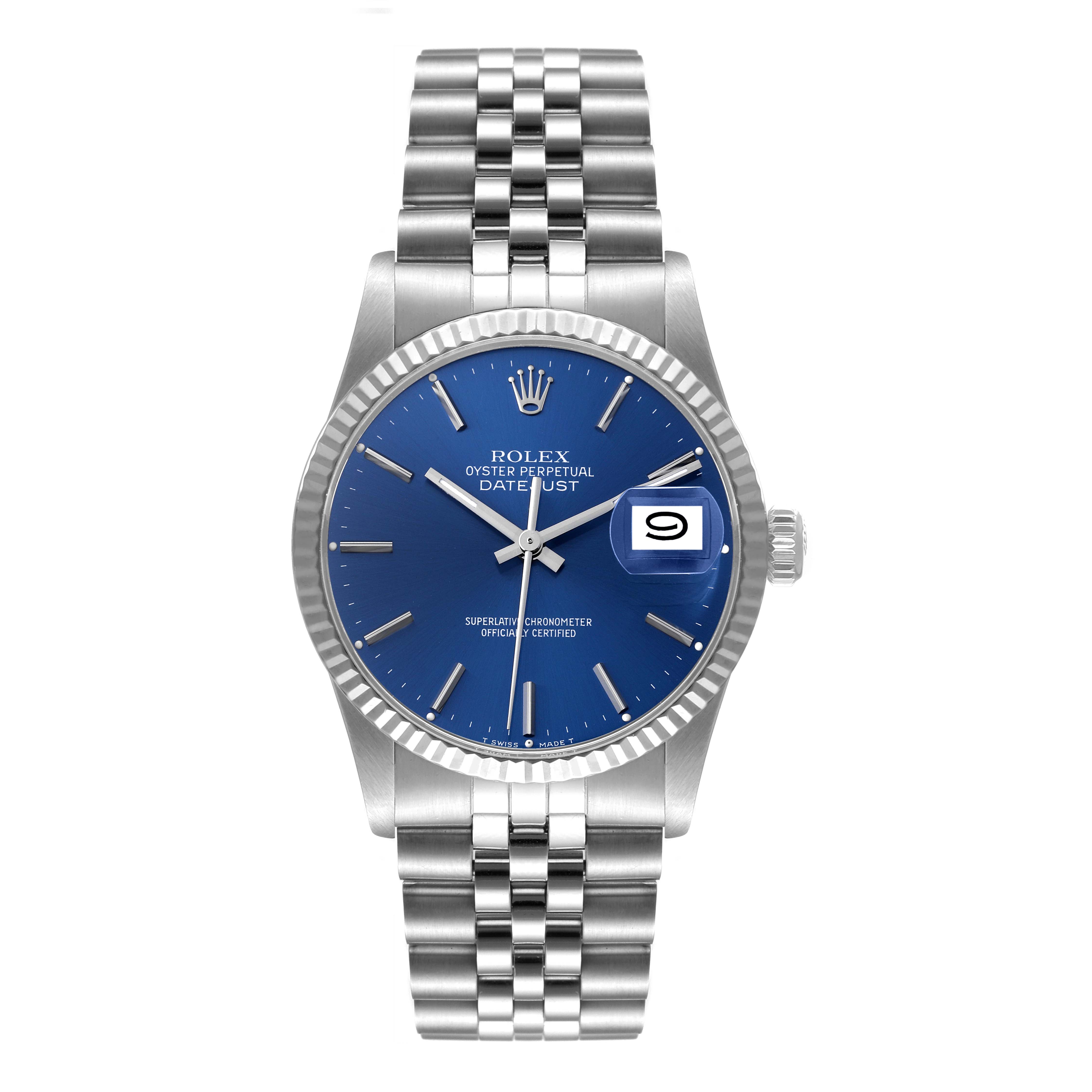 This image shows a front view of the Rolex Vintage Collection 16030 Men's Stainless Steel Blue Dial 16030 Men's Stainless Steel Blue Dial Datejust with a blue dial and stainless steel bracelet.