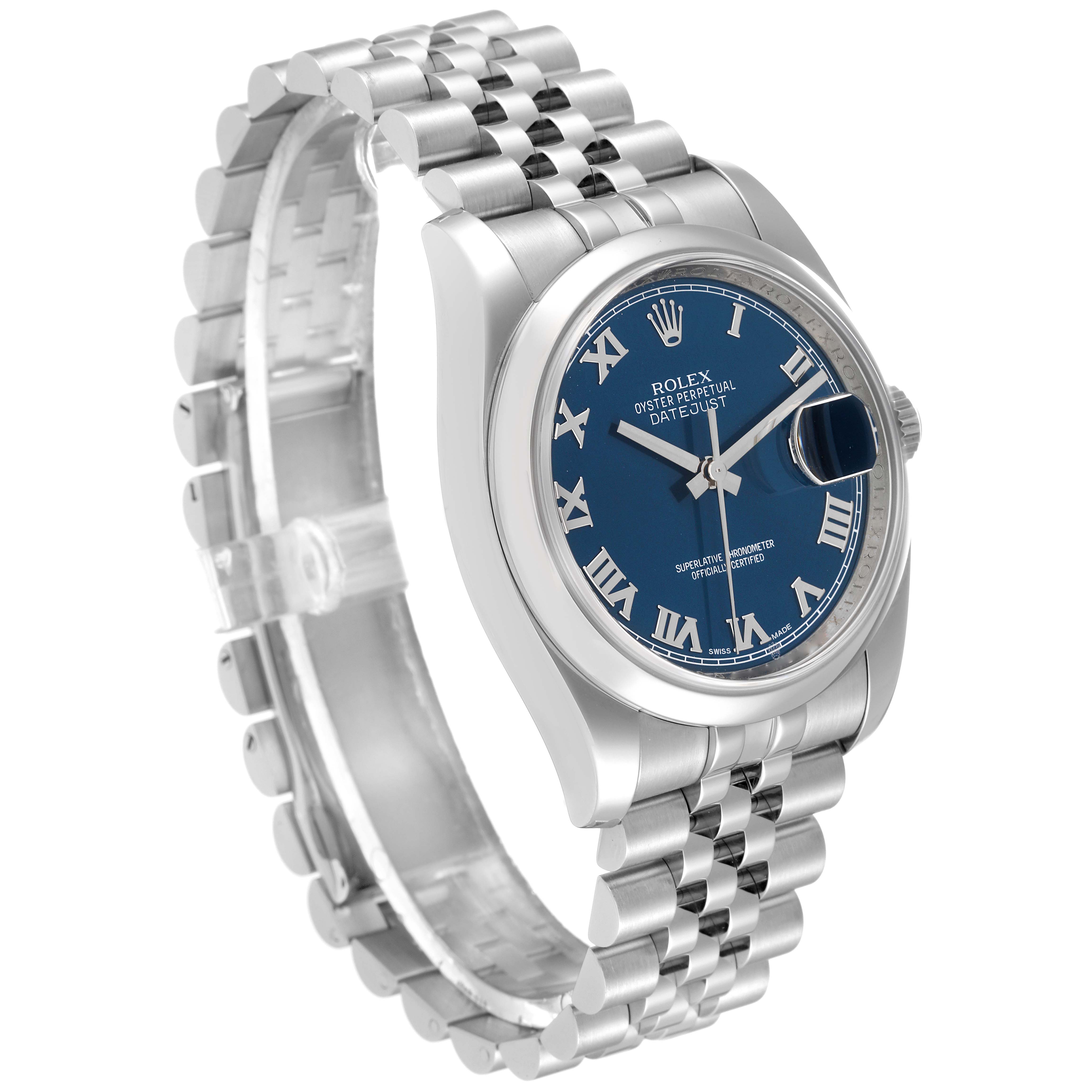 The image shows a Rolex Datejust 116200 Men's Stainless Steel Blue Dial 116200 Men's Stainless Steel Blue Dial watch at an angle highlighting the face, crown, and a part of the bracelet.