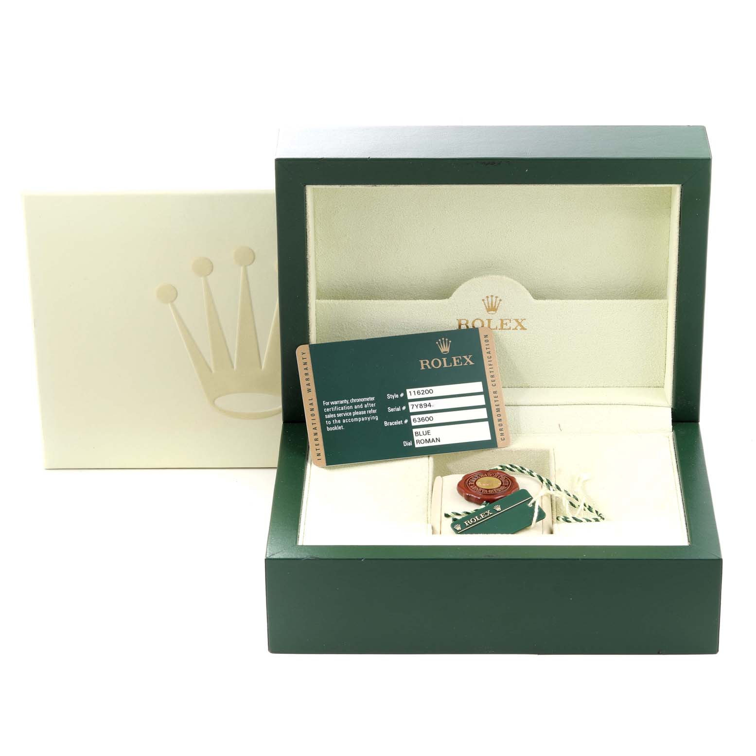 The image shows a Rolex Datejust 116200 Men's Stainless Steel Blue Dial 116200 Men's Stainless Steel Blue Dial watch box at a front angle, featuring its original packaging and authenticity card.