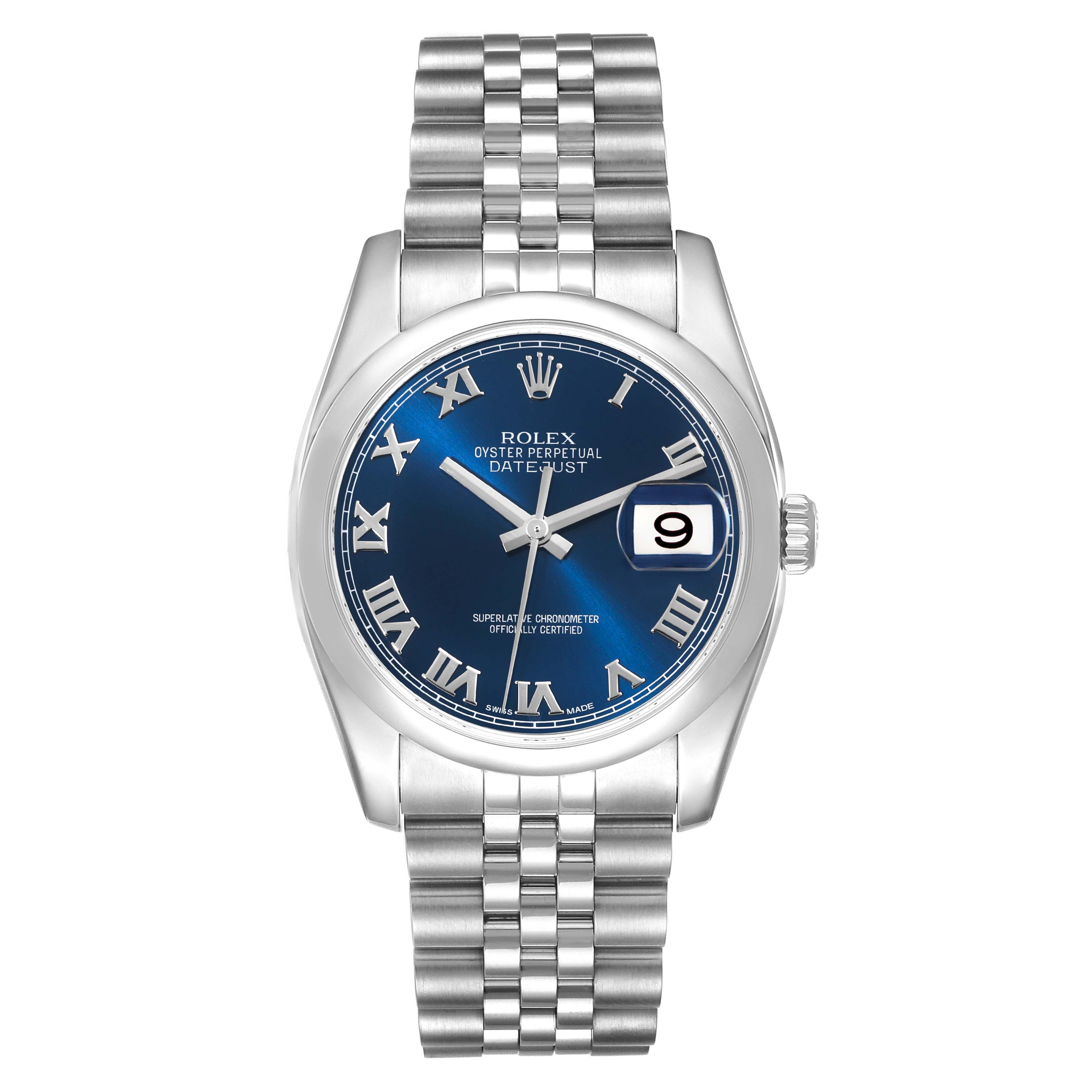 The image shows a front view of a Rolex Datejust 116200 Men's Stainless Steel Blue Dial 116200 Men's Stainless Steel Blue Dial watch, highlighting its blue dial with Roman numerals and Jubilee bracelet.