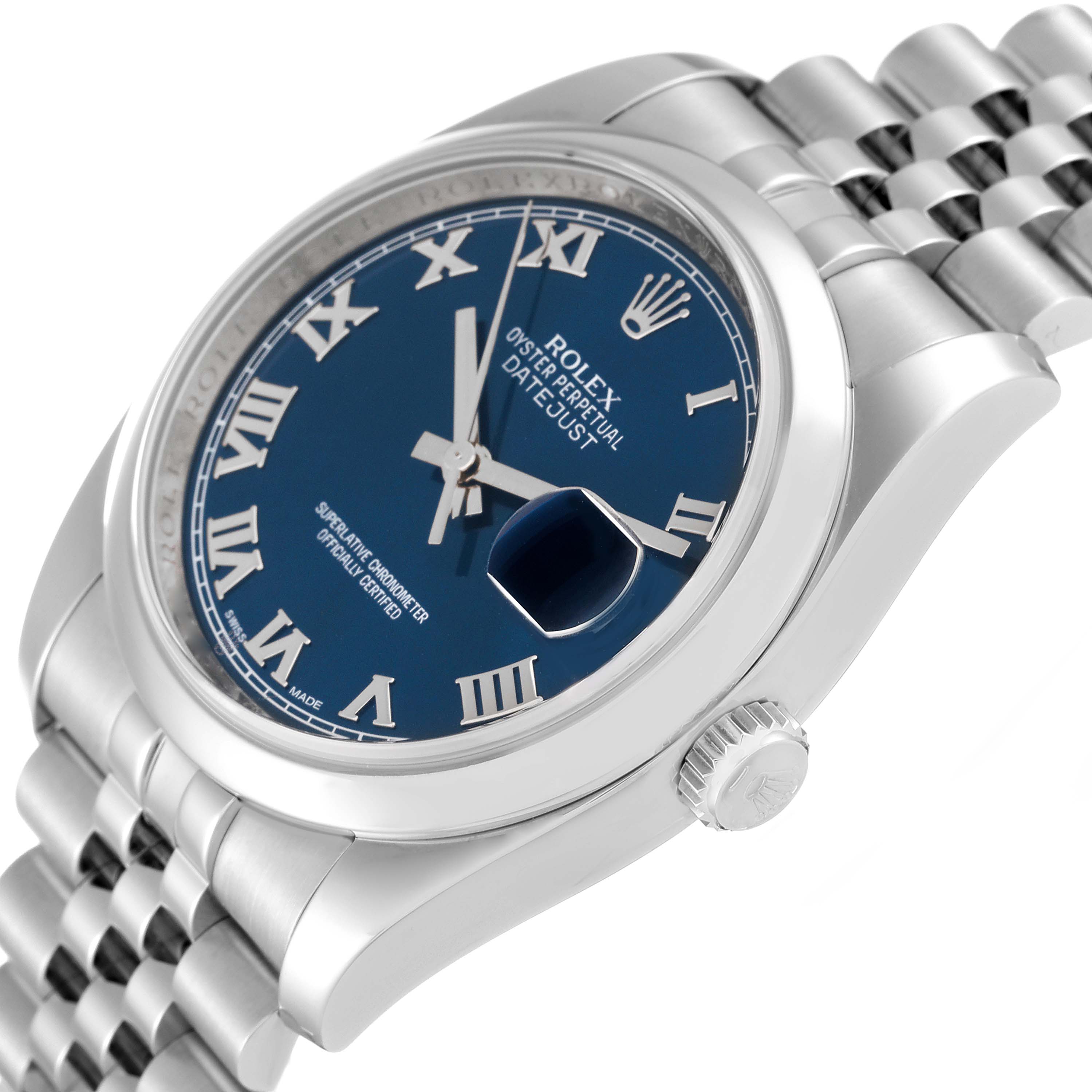 This image features a Rolex Datejust 116200 Men's Stainless Steel Blue Dial 116200 Men's Stainless Steel Blue Dial watch angled to show its blue dial, Roman numerals, bezel, crown, and Jubilee bracelet.