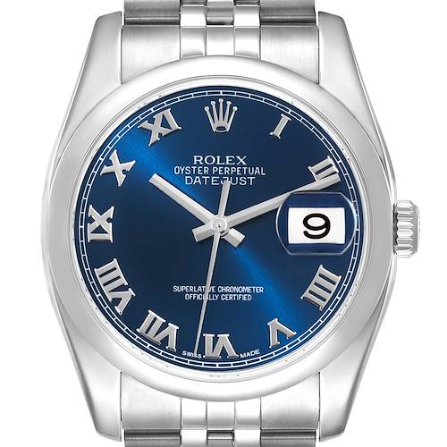 Photo of Rolex Datejust Blue Roman Dial Steel Mens Watch 116200 Box Card