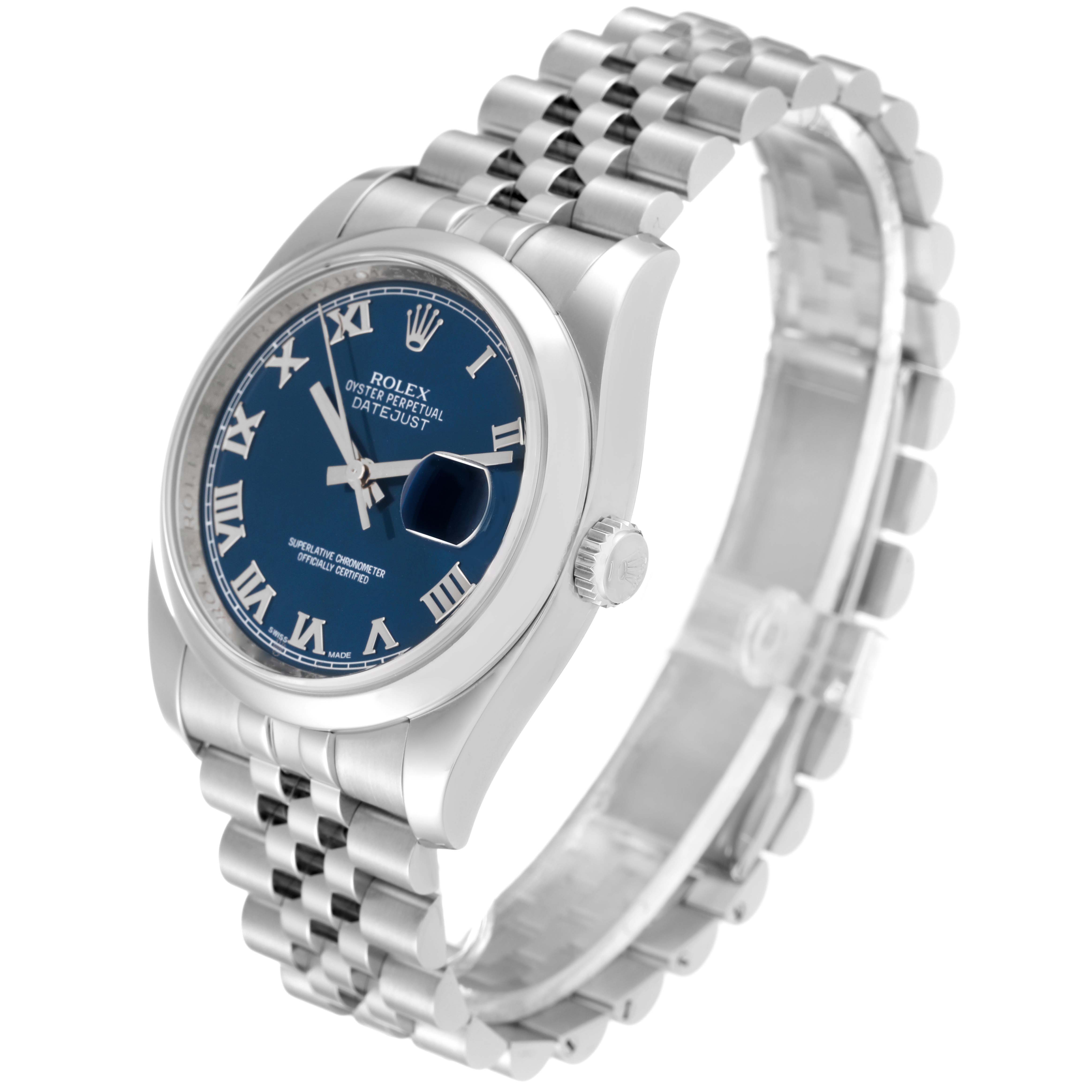 The image shows a Rolex Datejust 116200 Men's Stainless Steel Blue Dial 116200 Men's Stainless Steel Blue Dial watch from an angled side view, highlighting the blue dial, Roman numerals, and stainless steel bracelet.