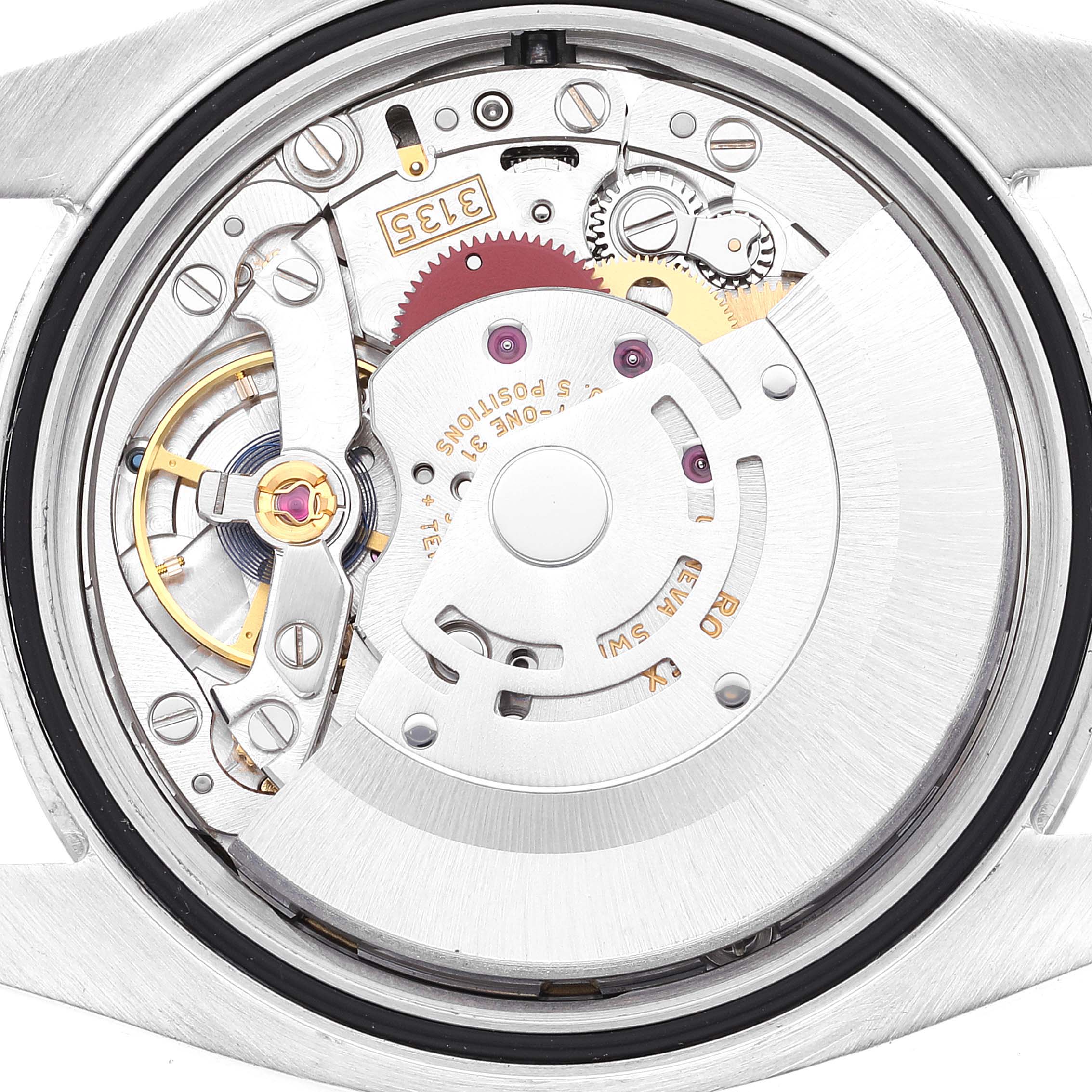 This image shows the inner mechanical movement mechanism of a Rolex Datejust 116200 Men's Stainless Steel Blue Dial 116200 Men's Stainless Steel Blue Dial watch from a rear angle.