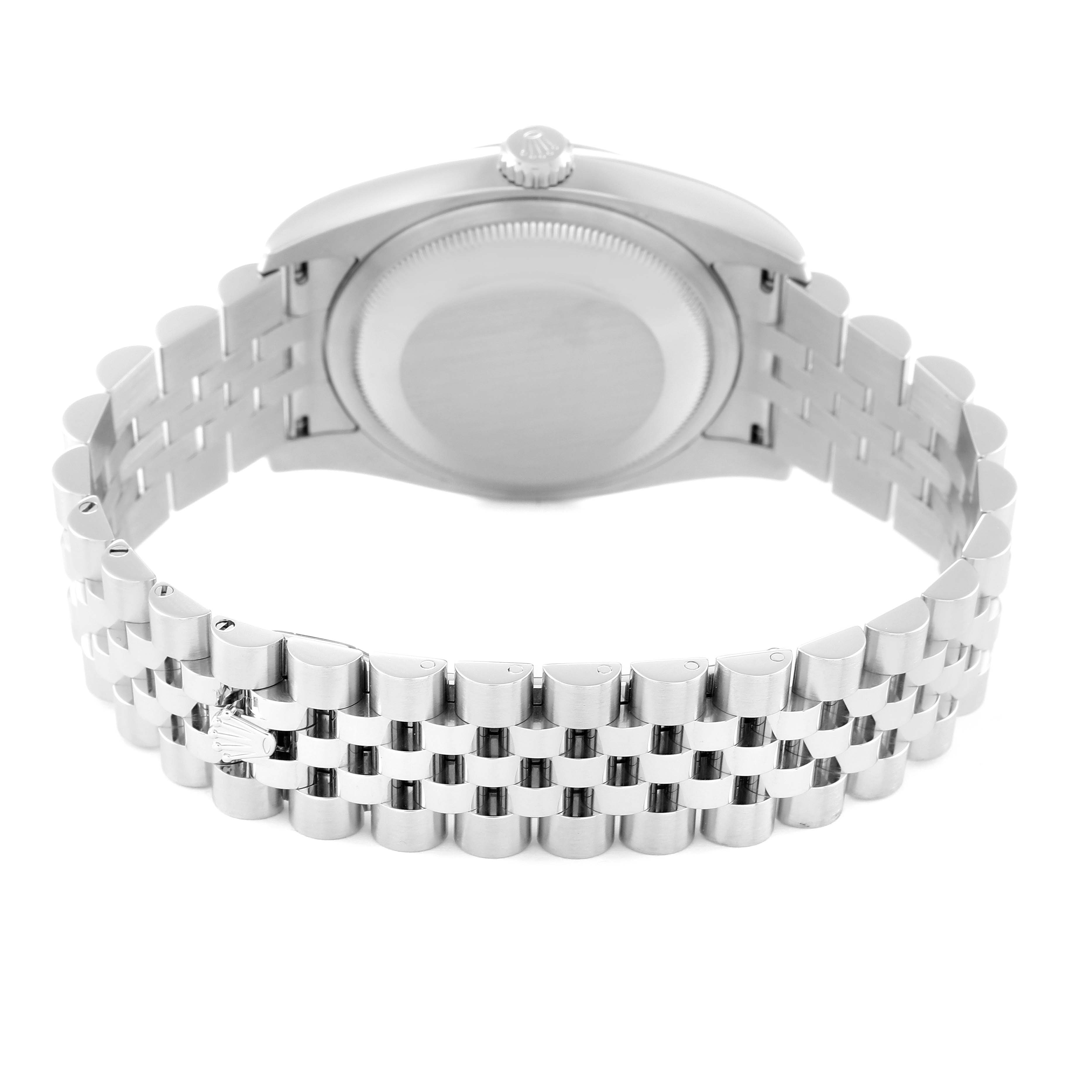 The image shows the back view of the Rolex Datejust 116200 Men's Stainless Steel Blue Dial 116200 Men's Stainless Steel Blue Dial watch, displaying its case back and Jubilee bracelet.