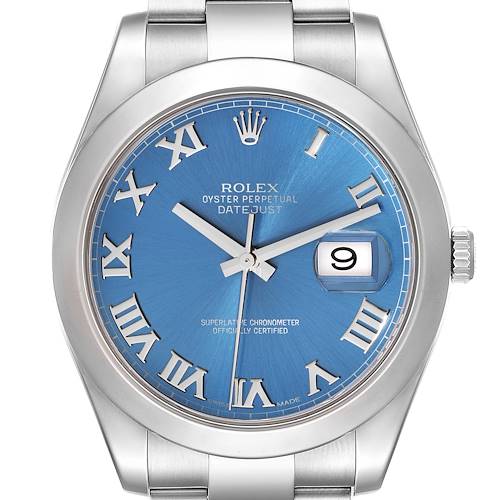 The image shows a front view of the Rolex Datejust 41 watch, highlighting its blue dial, Roman numerals, and date window.