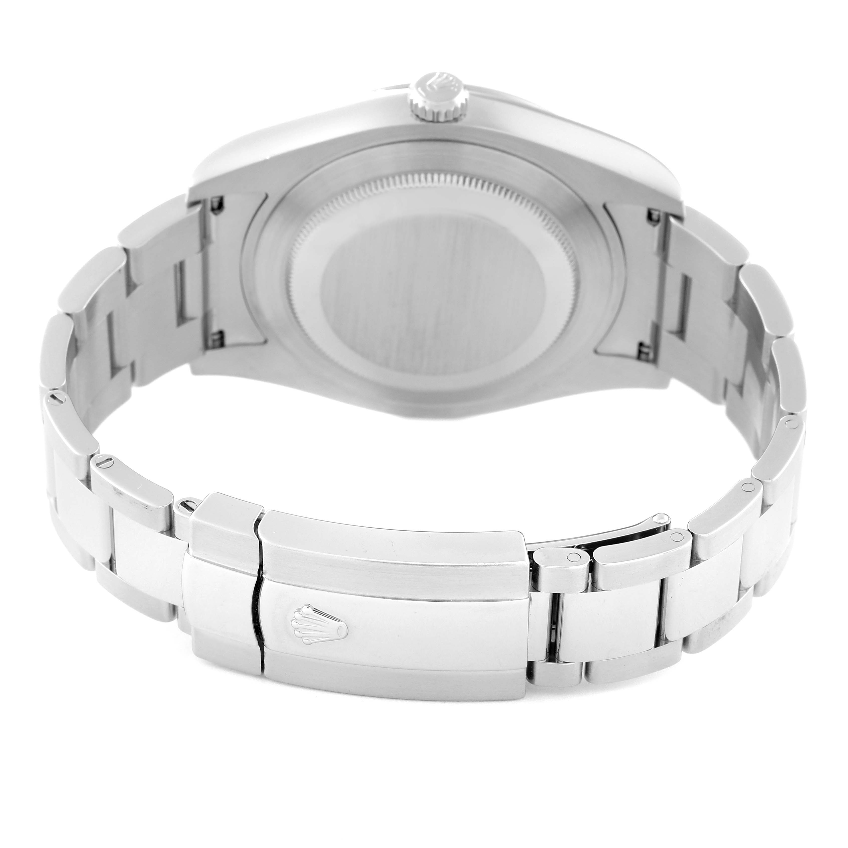 The image shows the back of a Rolex Datejust 41 116300 Men
s Stainless Steel Blue Dial 116300 Men
s Stainless Steel Blue Dial watch, including the case back and bracelet with the Rolex logo on the clasp.