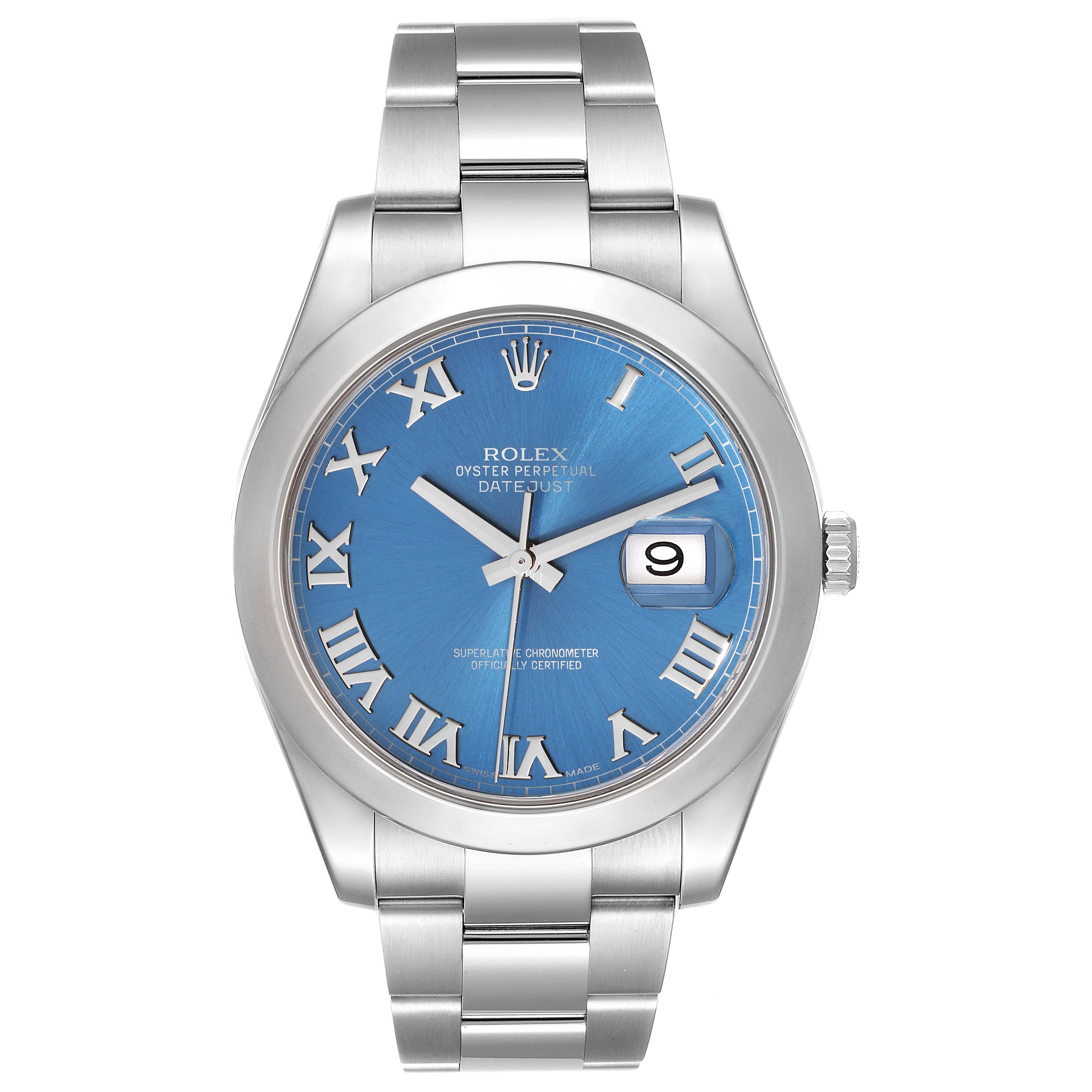 The image shows a front view of a Rolex Datejust 41 116300 Men
s Stainless Steel Blue Dial 116300 Men
s Stainless Steel Blue Dial watch with a blue dial and silver Roman numerals.