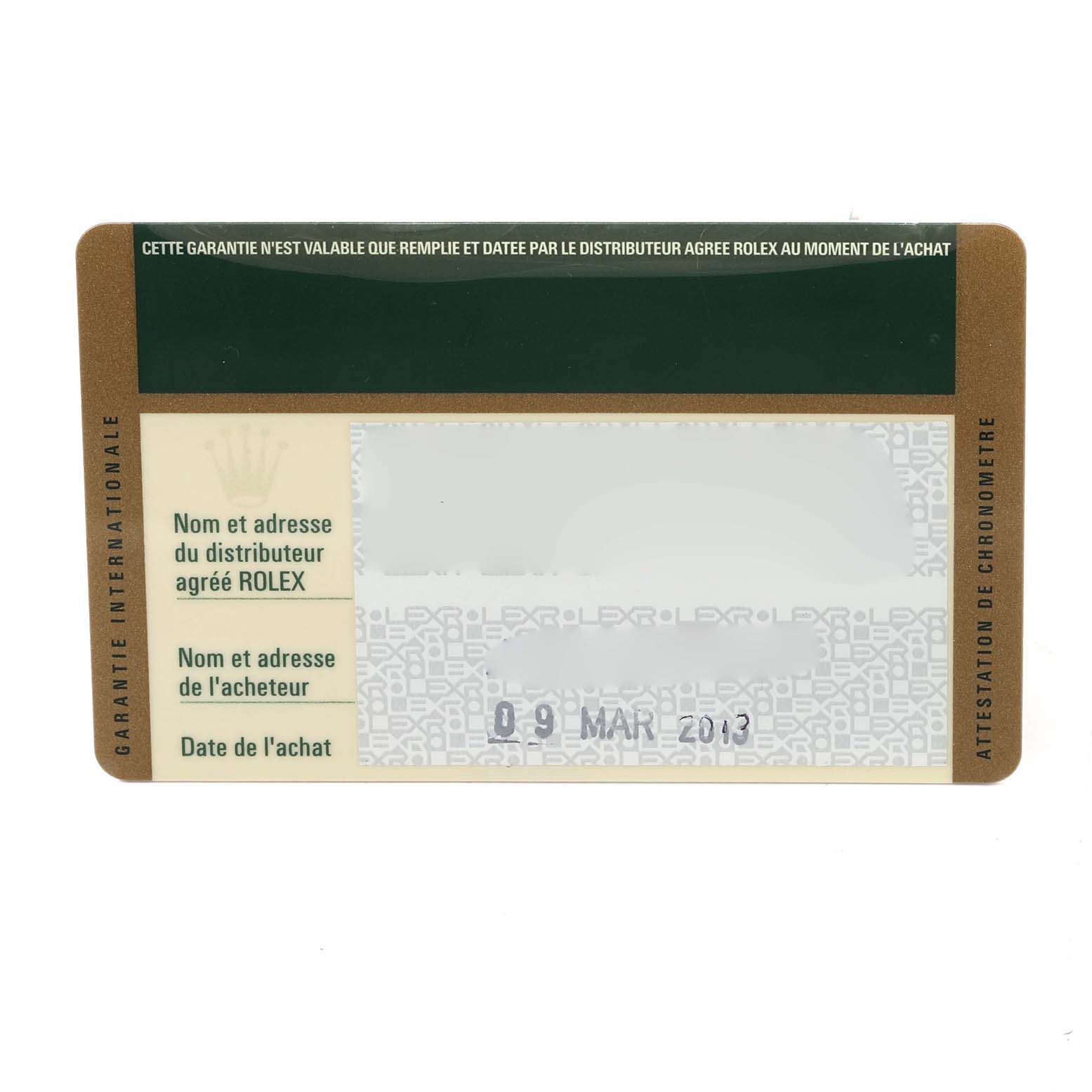 This is a warranty card for the Datejust 41 model by Rolex, shown from the front.