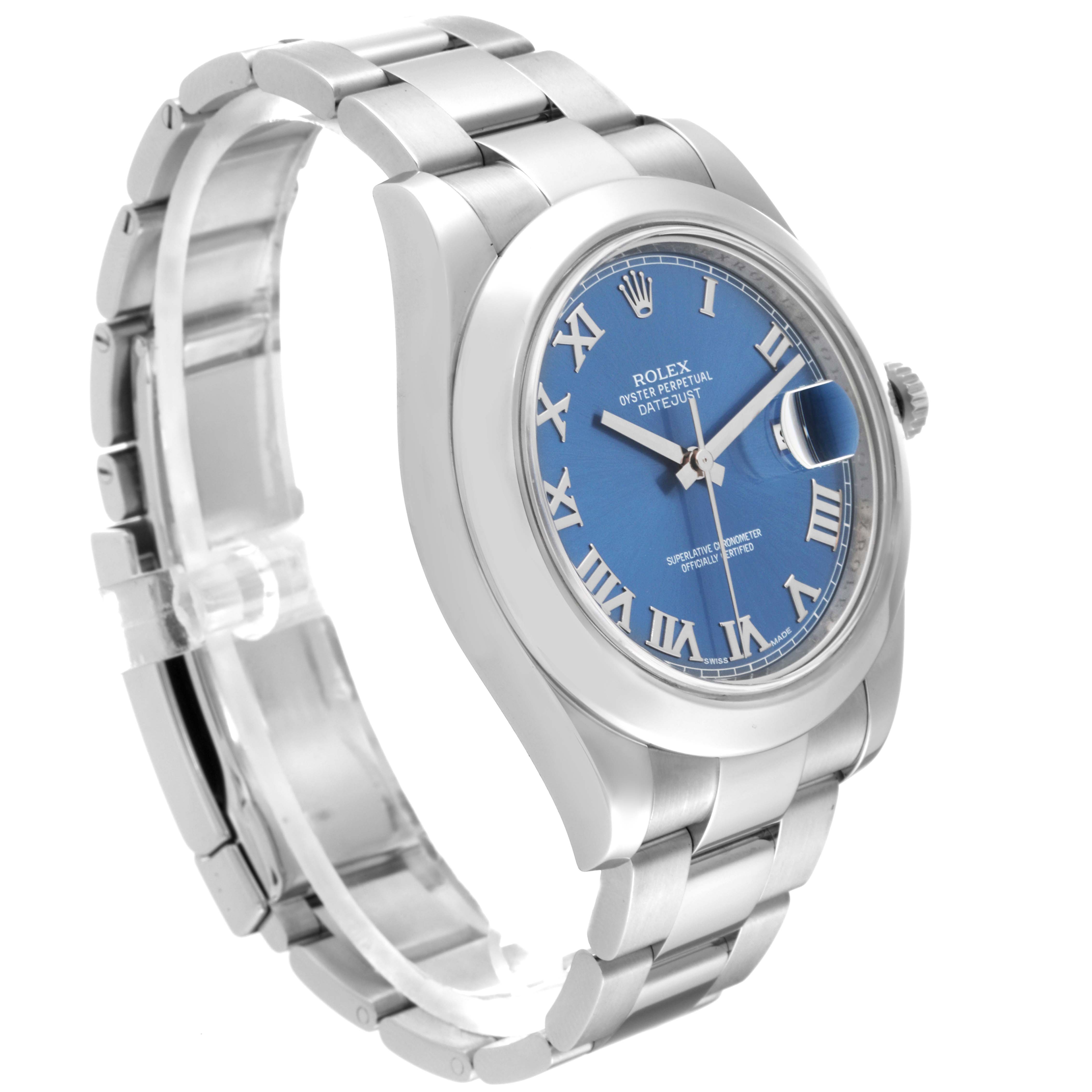 The Rolex Datejust 41 116300 Men
s Stainless Steel Blue Dial 116300 Men
s Stainless Steel Blue Dial watch is shown at a slight angle, highlighting its blue dial, Roman numerals, and stainless steel bracelet.