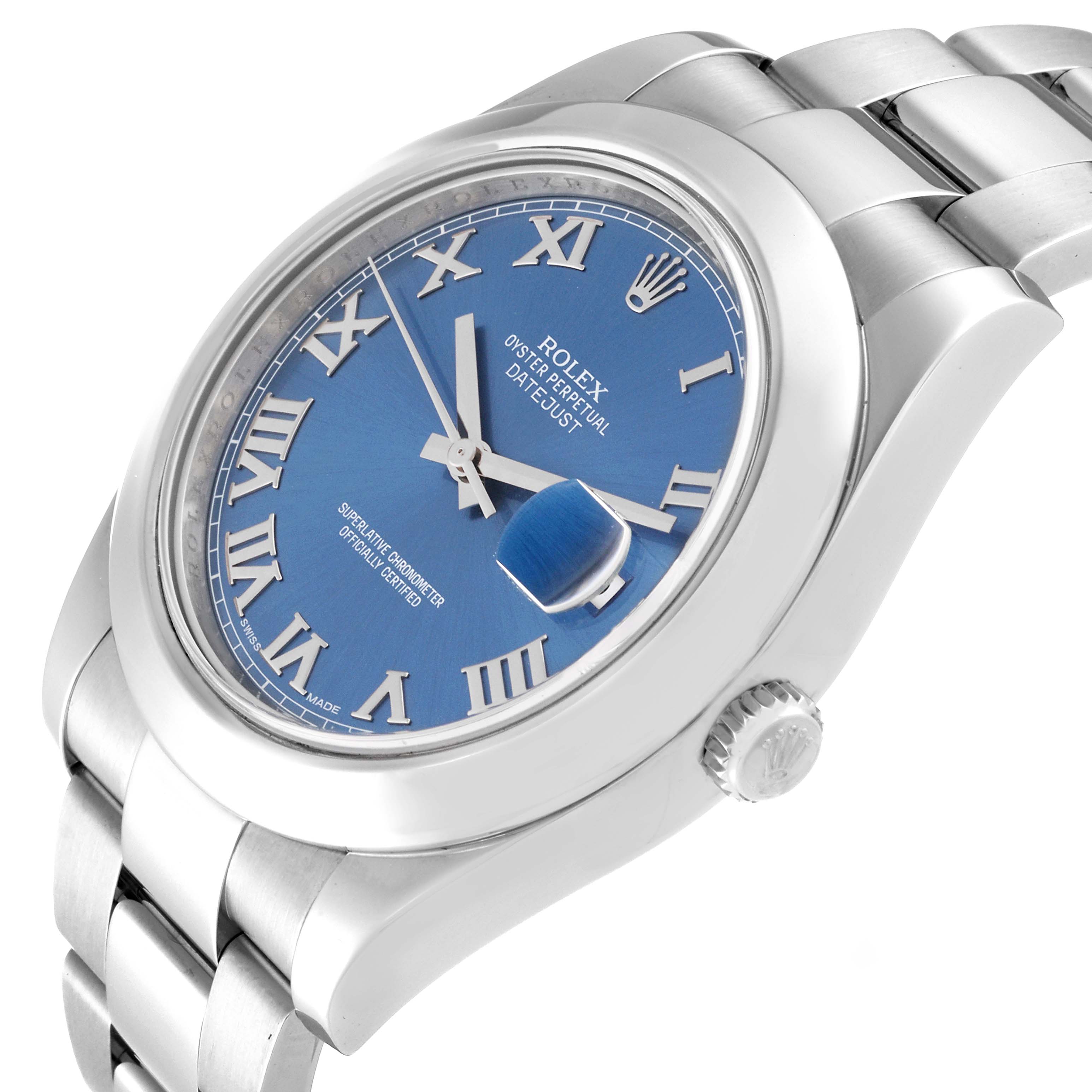 This image shows a Rolex Datejust 41 116300 Men
s Stainless Steel Blue Dial 116300 Men
s Stainless Steel Blue Dial watch from a 10 o
clock angle, highlighting the blue dial, stainless steel case, and bracelet.