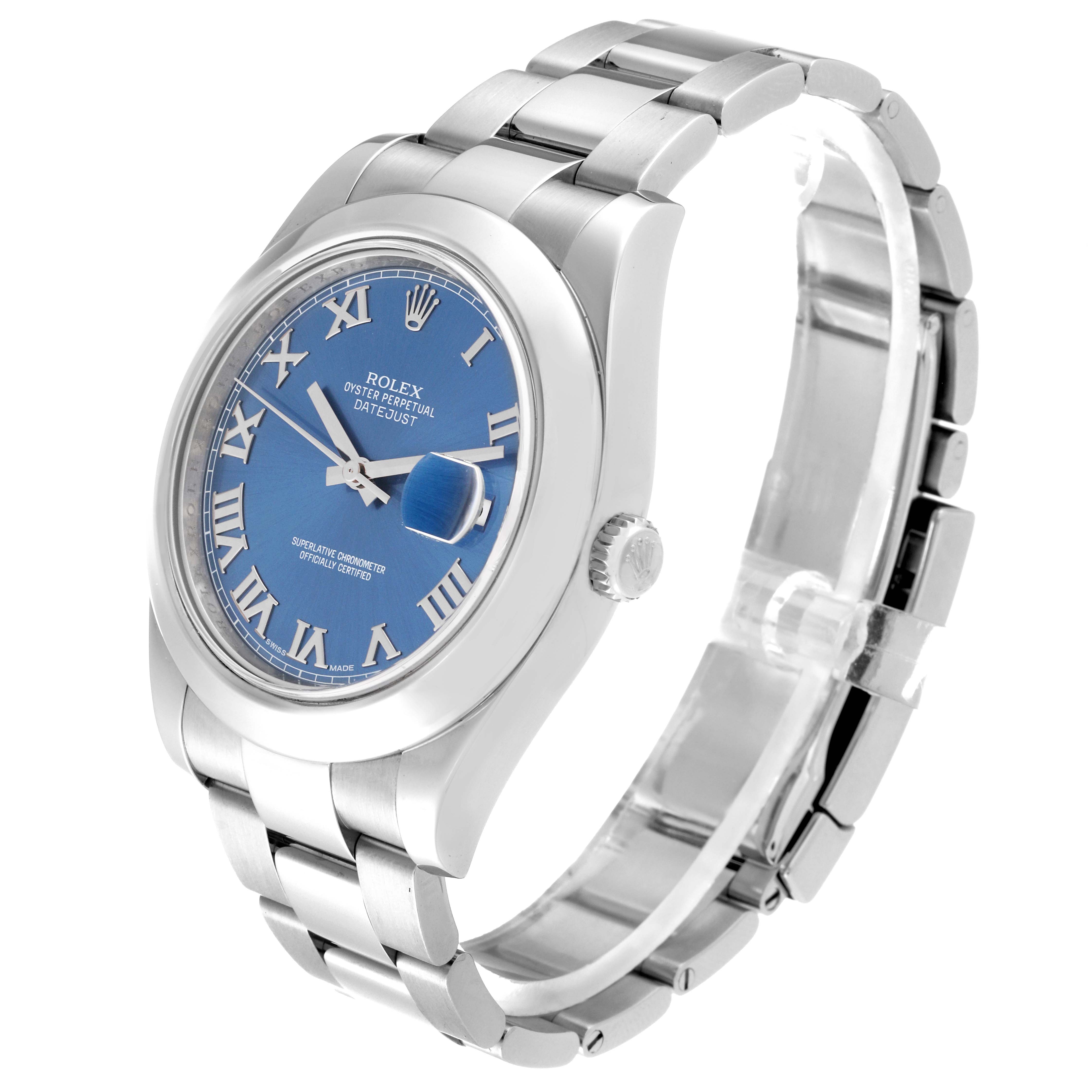 The image shows a side angle of the Rolex Datejust 41 116300 Men
s Stainless Steel Blue Dial 116300 Men
s Stainless Steel Blue Dial, displaying its blue dial, Roman numerals, and stainless steel bracelet.