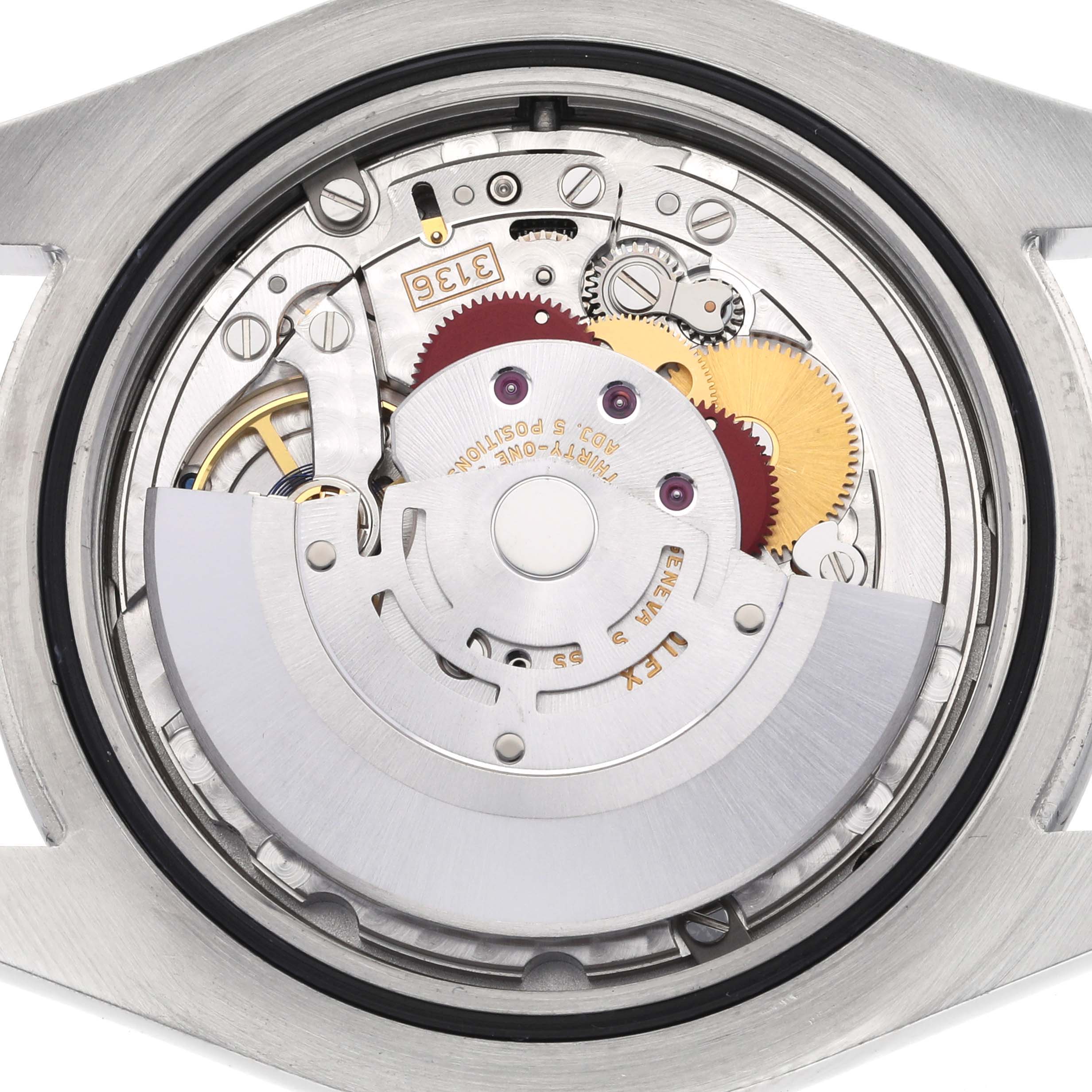 This image shows a close-up of the internal mechanism of a Rolex Datejust 41 116300 Men's Stainless Steel Blue Dial 116300 Men's Stainless Steel Blue Dial watch, focusing on the movement and gears.