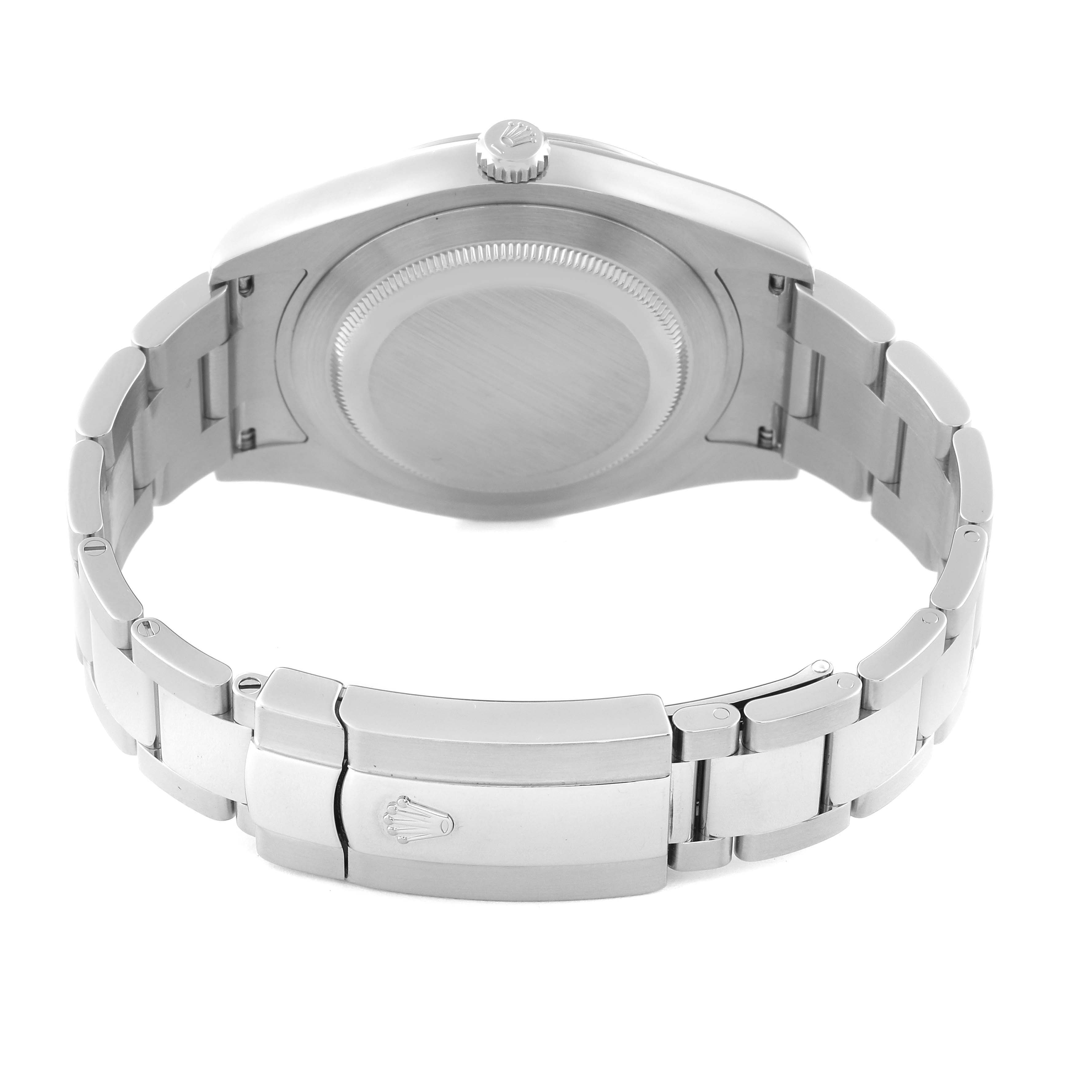 The image shows the backside of a Rolex Datejust 41 116300 Men's Stainless Steel Blue Dial 116300 Men's Stainless Steel Blue Dial watch, highlighting the case back and bracelet with the clasp.