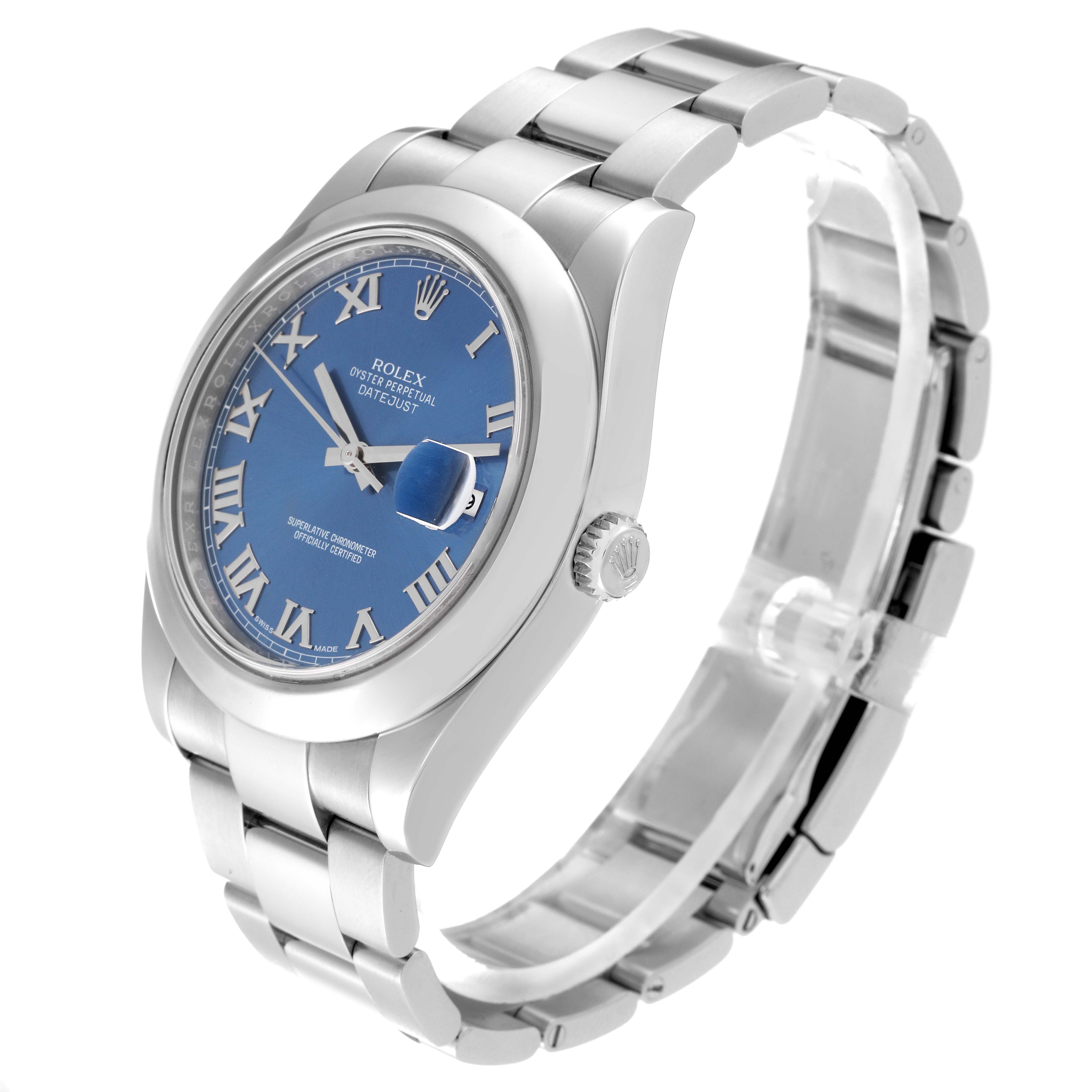 The Rolex Datejust 41 116300 Men's Stainless Steel Blue Dial 116300 Men's Stainless Steel Blue Dial is shown from a side angle, displaying its blue dial, bezel, crown, and metal bracelet.
