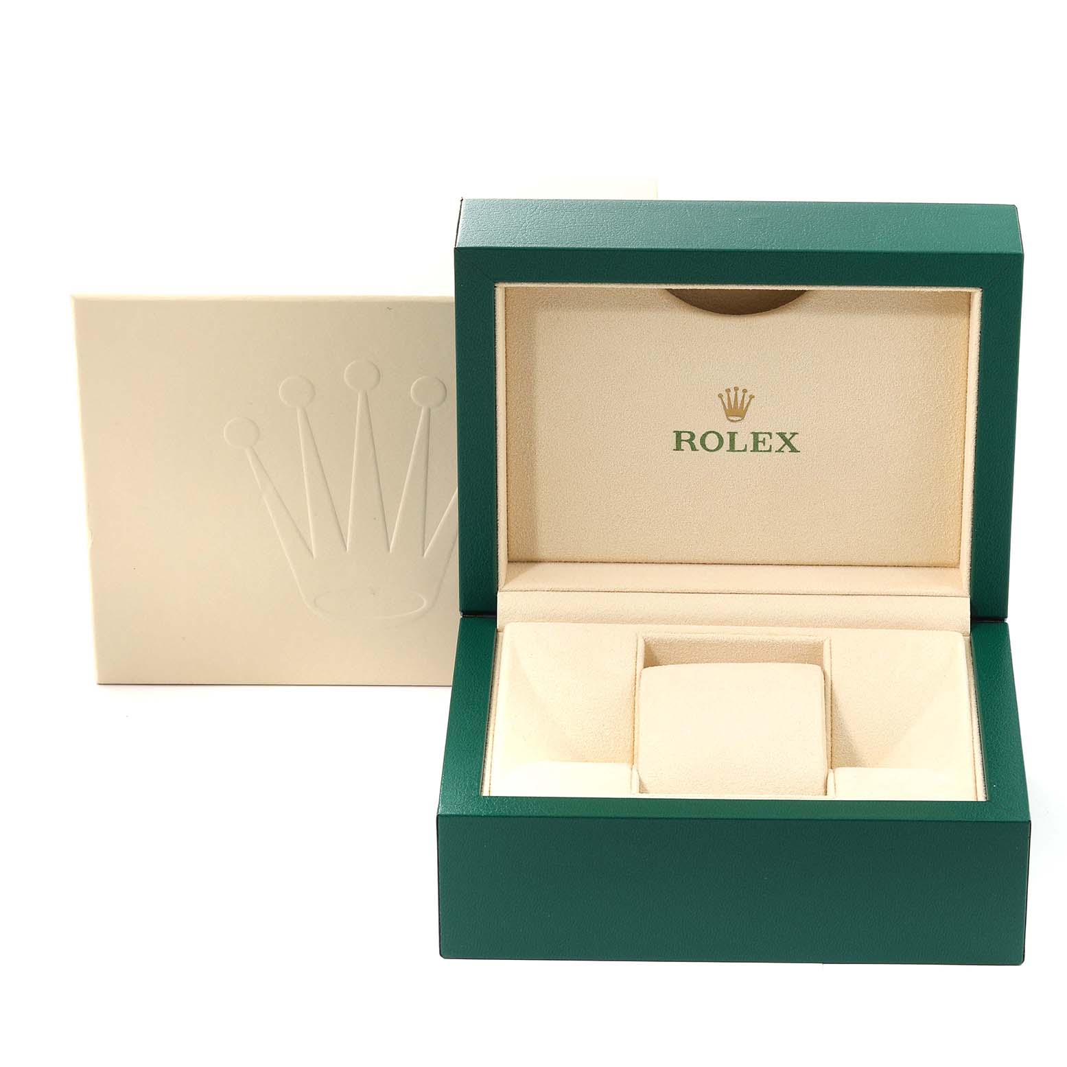 The image shows an open Rolex Datejust 41 116300 Men's Stainless Steel Blue Dial 116300 Men's Stainless Steel Blue Dial watch box with an outer cream sleeve, revealing the interior packaging.
