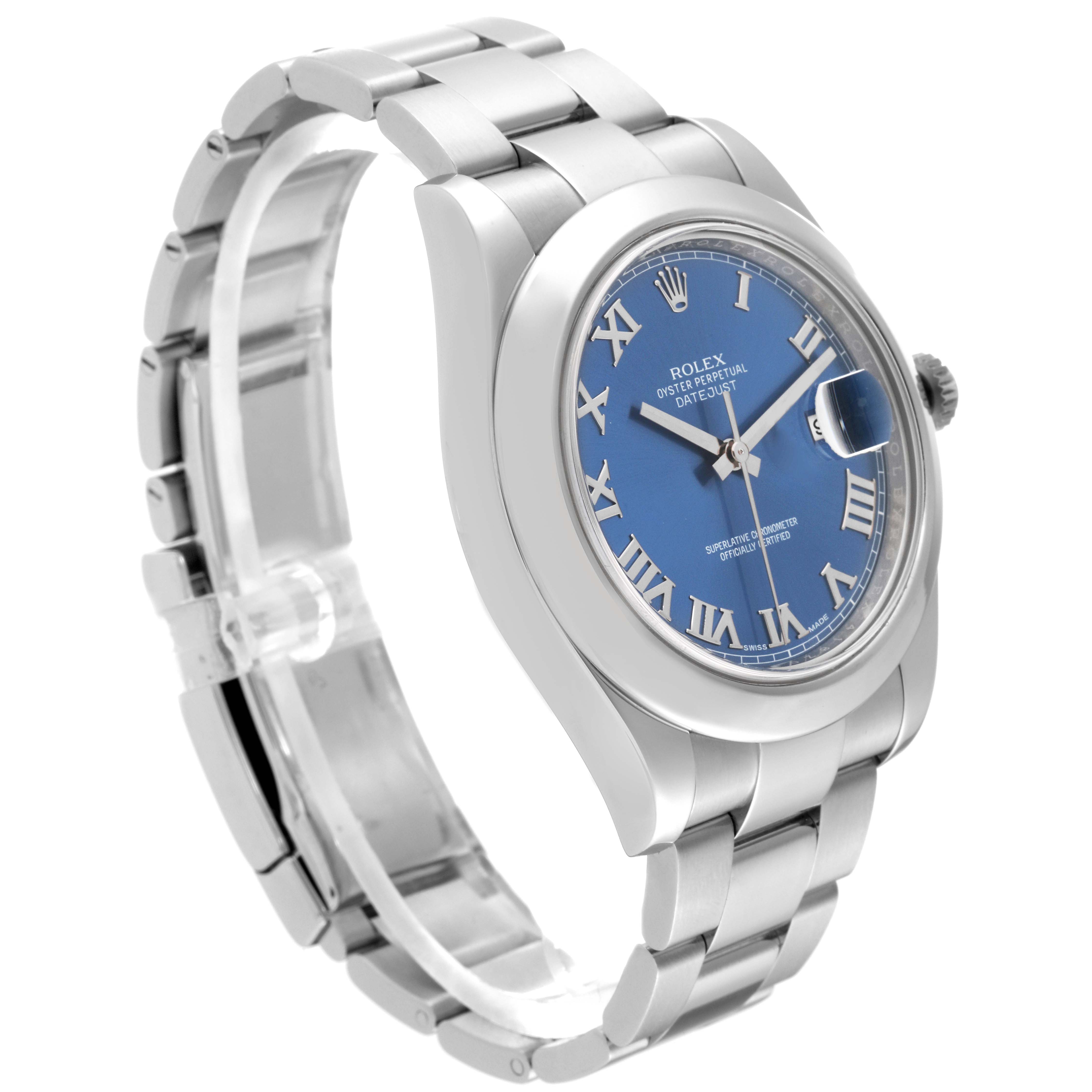 The Rolex Datejust 41 116300 Men's Stainless Steel Blue Dial 116300 Men's Stainless Steel Blue Dial watch is shown at a three-quarter angle, displaying its blue dial, Roman numeral markers, and stainless steel bracelet.