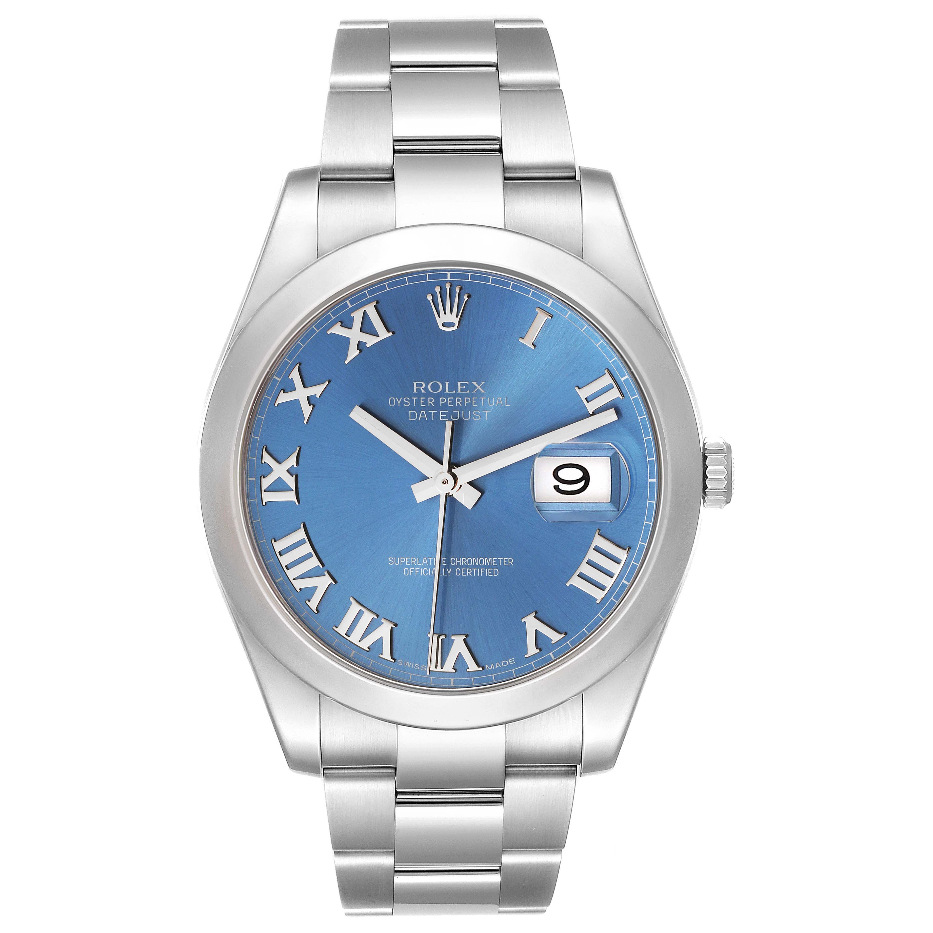 The image shows a front view of a Rolex Datejust 41 116300 Men's Stainless Steel Blue Dial 116300 Men's Stainless Steel Blue Dial watch with a blue dial and Roman numerals.
