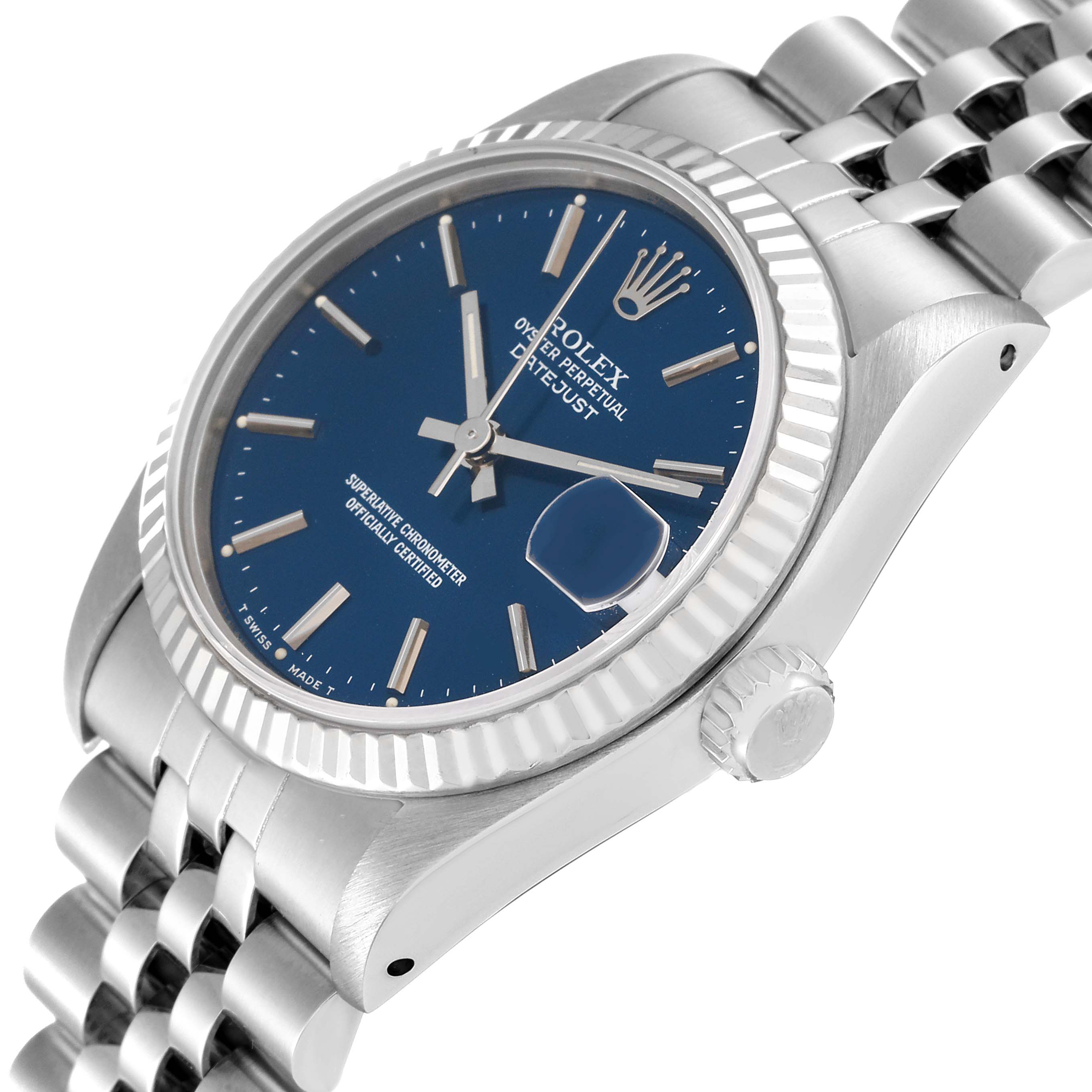 The Rolex Mid-Size 68274 Women's Stainless Steel Blue Dial 68274 Women's Stainless Steel Blue Dial watch is shown at an angled side view, highlighting the dial, bezel, crown, and part of the bracelet.