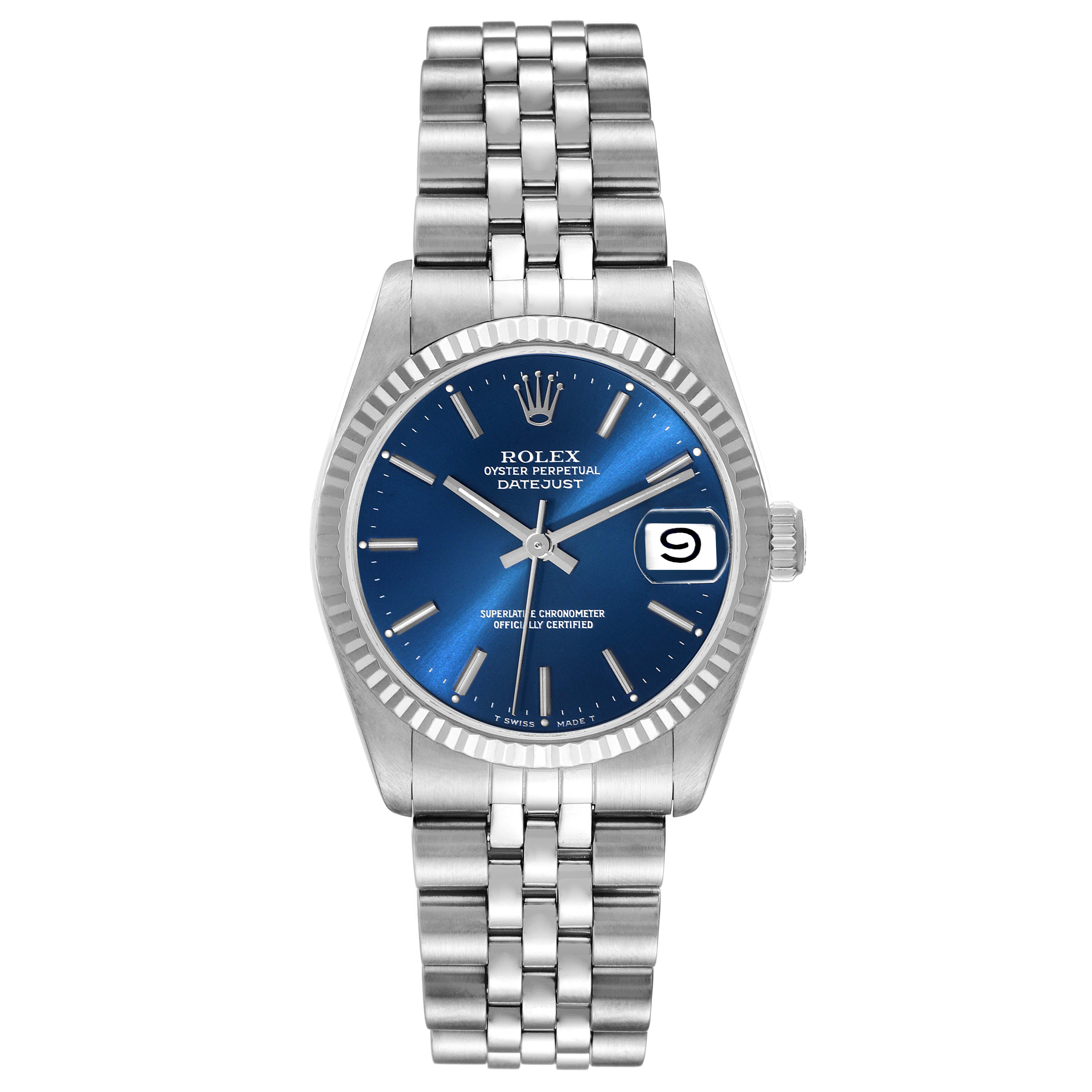 This image shows a front view of the Rolex Oyster Perpetual Datejust Mid-Size watch with a blue dial and stainless steel bracelet.