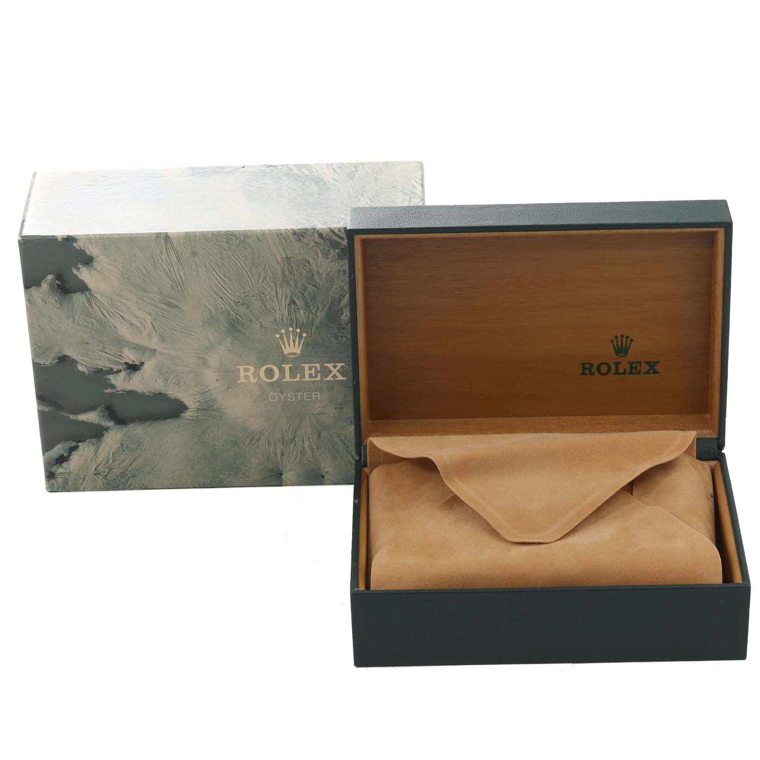 The image shows the packaging of a Rolex Mid-Size 68274 Women's Stainless Steel Blue Dial 68274 Women's Stainless Steel Blue Dial watch, featuring an outer box and an inner watch case with a suede cushion.