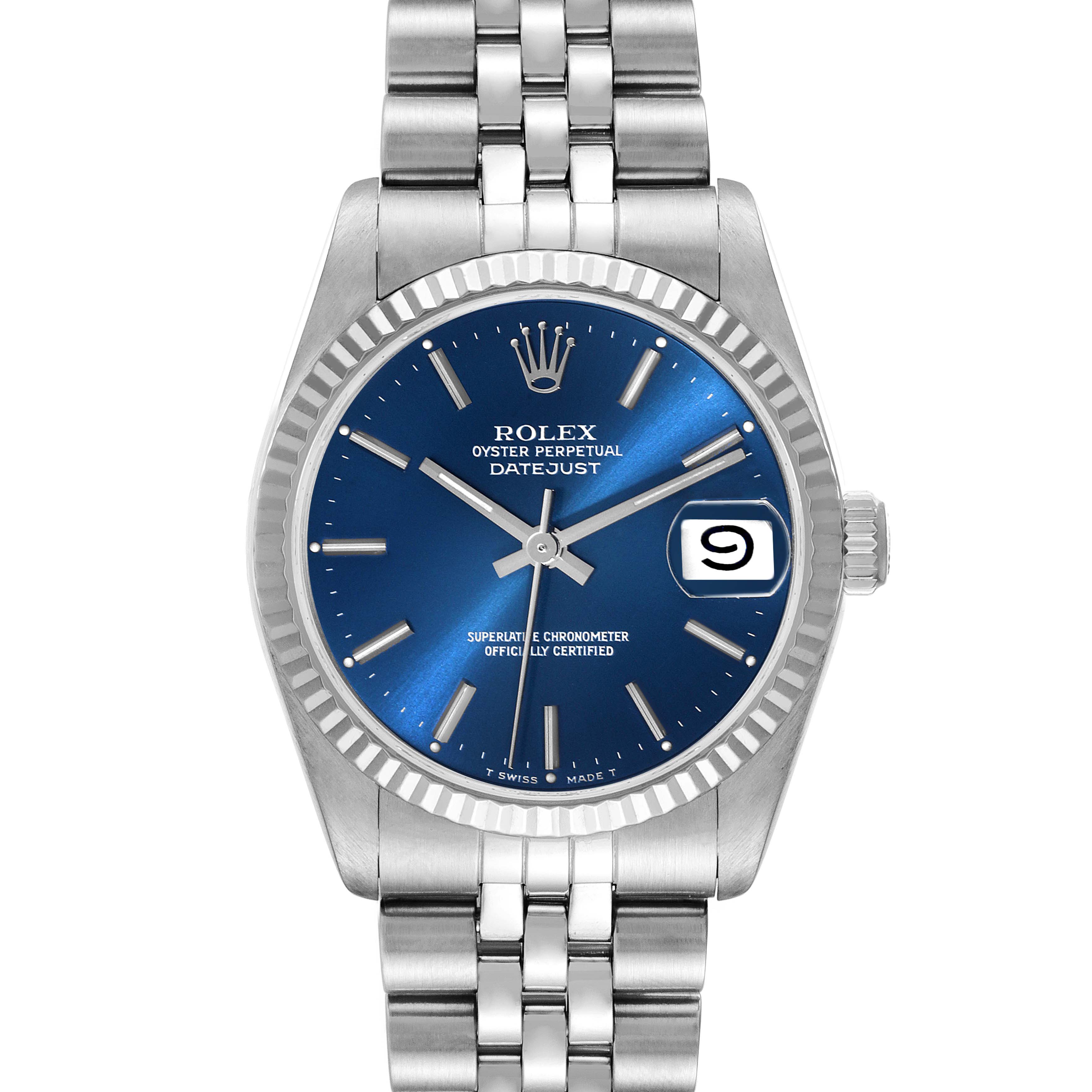 The image displays a Rolex Oyster Perpetual Datejust mid-size model from a front angle, showing the dial, bezel, and bracelet.