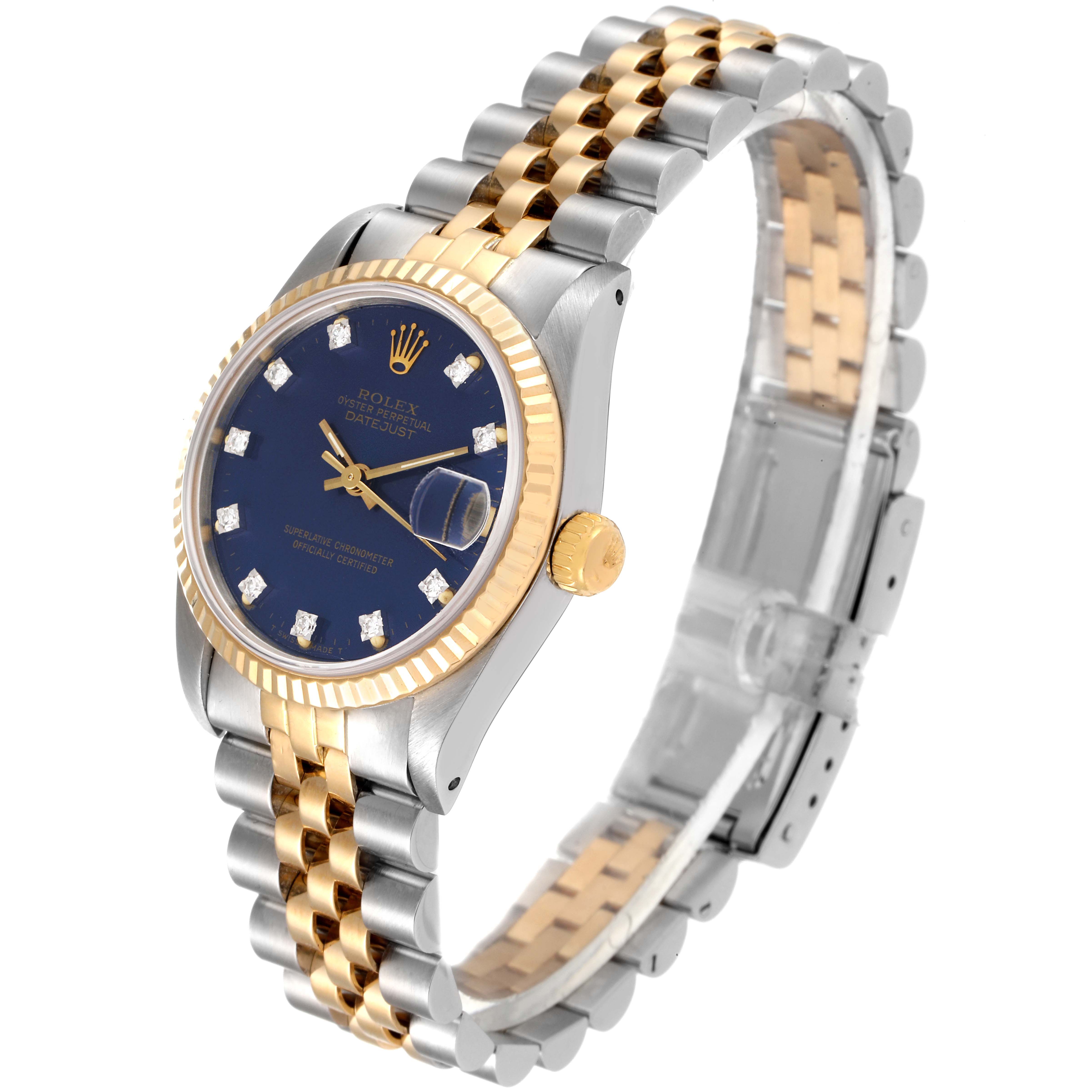 The Rolex Mid-Size 68273 Women's Steel and Gold (two tone) Blue Dial 68273 Women's Steel and Gold (two tone) Blue Dial watch is shown at a three-quarter angle, displaying its gold and silver bracelet, blue dial, and fluted bezel.